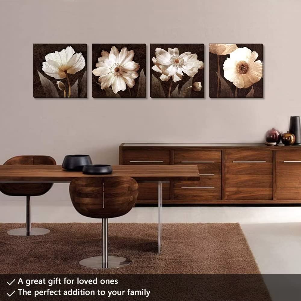 Brown Floral Abstract Canvas Wall Art Set - HDQ Framed Giclee Prints for Living Room & Bedroom Decor (20x20 Inch, 4 Panels) | Perfect for Home, Office & Gift Giving