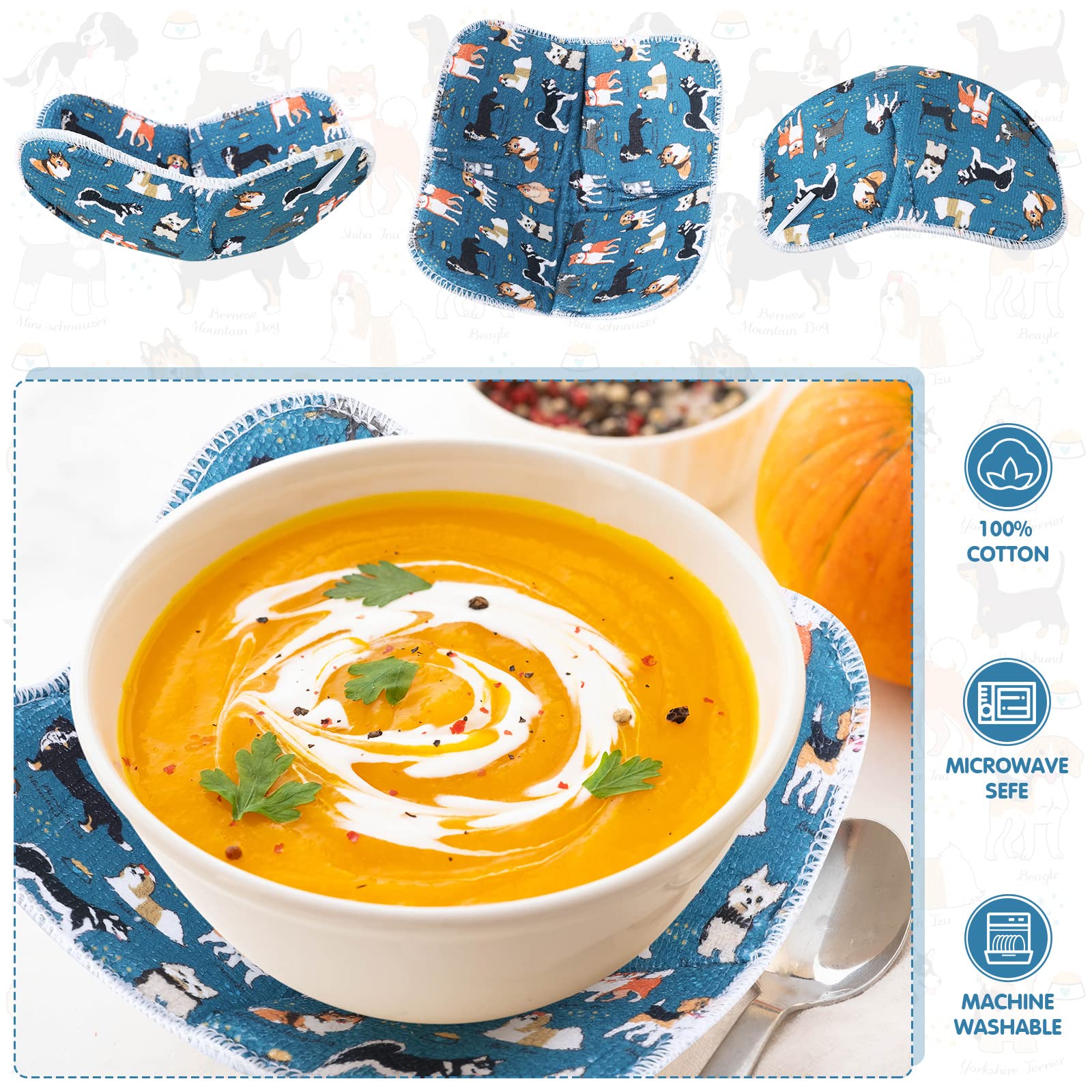 Cunhill Microwave Bowl Holders Set of 4 - Heat Resistant Kitchen Pot Holders for Hot Bowls, Plates & Dishes - Multipurpose Oven Mitts for Cooking & Serving (Dog Design, Blue Green) - Perfect for Microwave, Oven & Dining Table Use