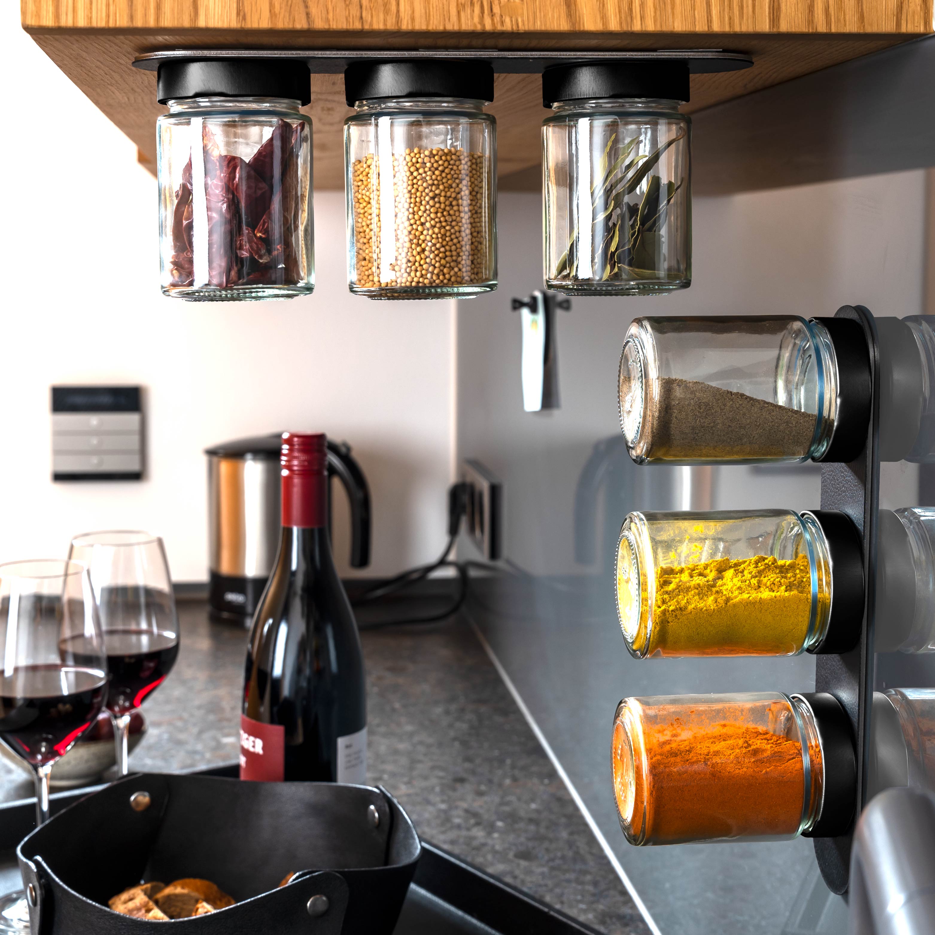 Premium Black & Classy Magnet Spice Jars with Wooden Lid - 192ml (6.5oz) Glass Containers for Spices, Herbs & Seasonings - Perfect for Kitchen Organization & Stylish Pantry Storage