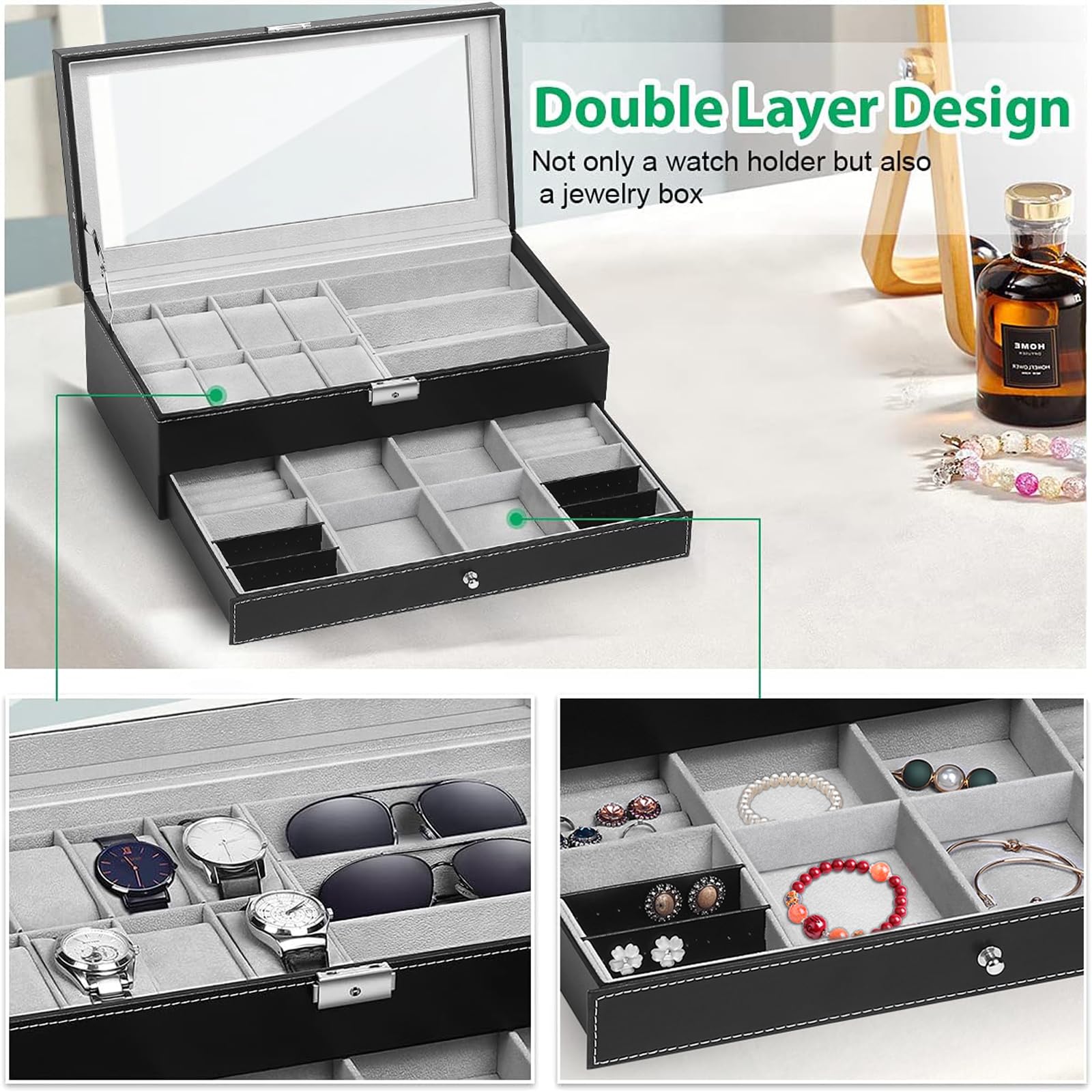TomCare Luxury Watch Box - 12 Slot Watch Case Organizer with Glass Top & Soft Interior for Men & Women - Perfect for Jewelry Storage, Watch Collection Display, and Travel