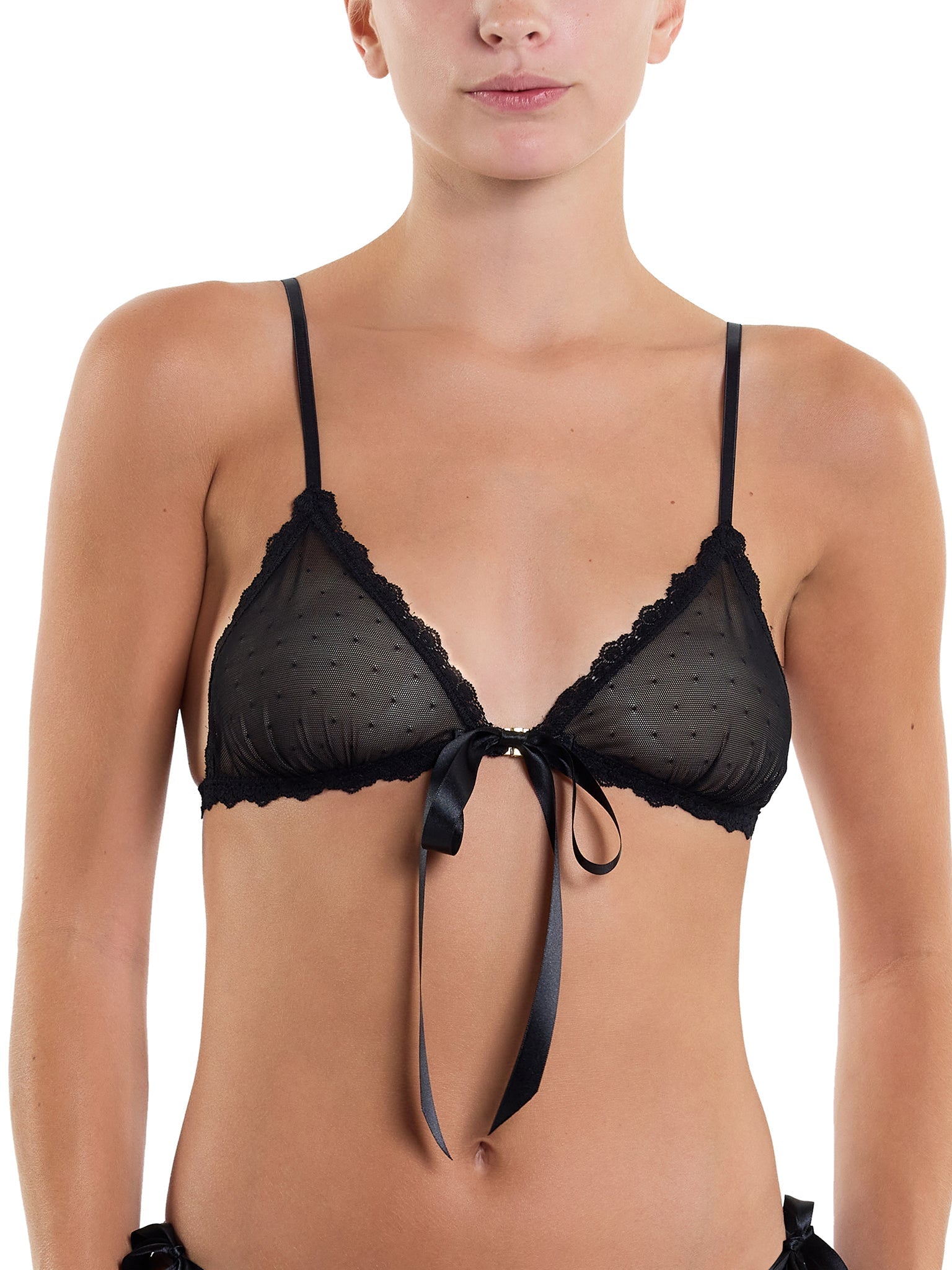 Lace Dotted Tulle Front Tie Bralette - Sexy Comfortable Wireless Bralette for Women | Perfect for Date Night, Bridal Lingerie & Everyday Wear