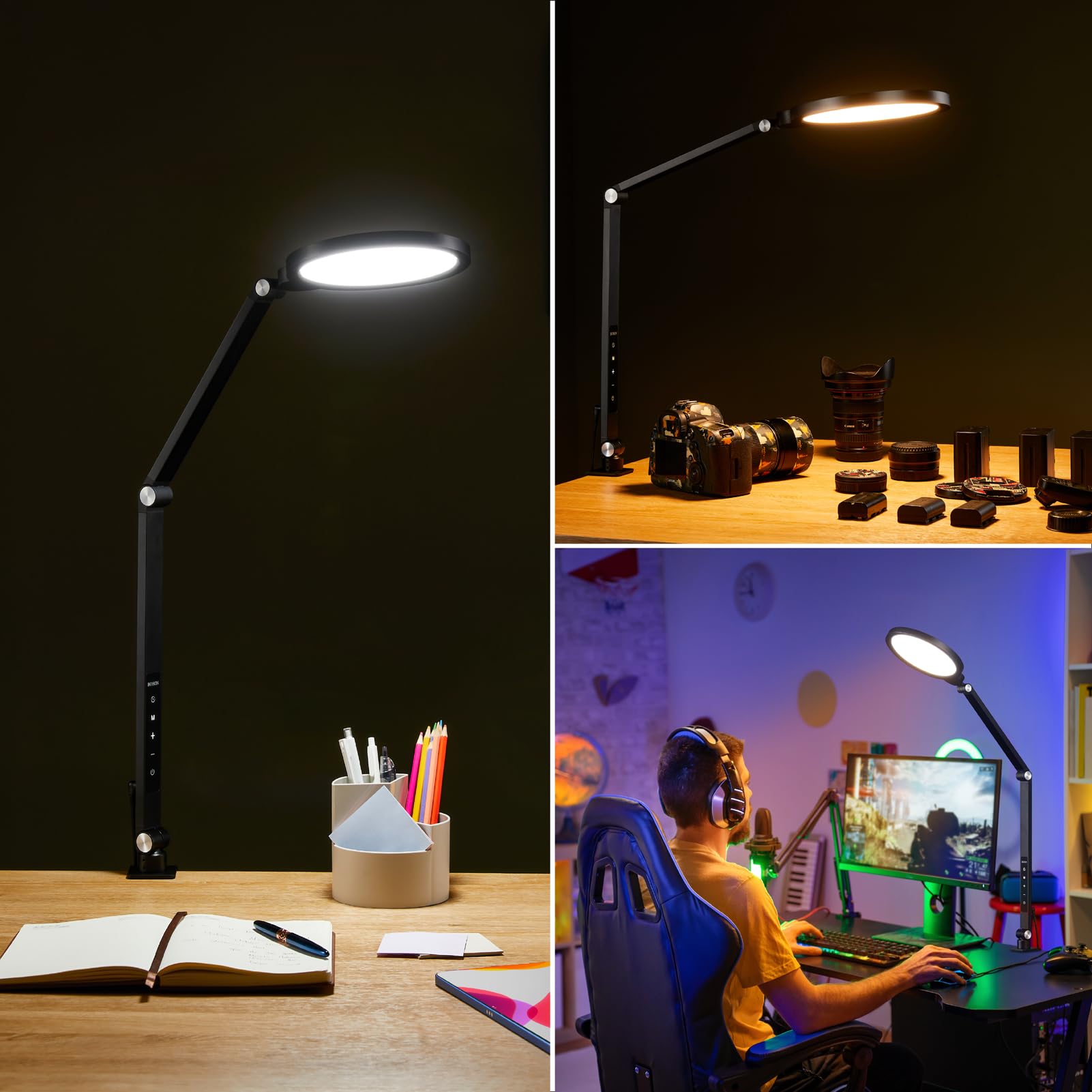 BOHON 15W LED Desk Lamp with 5 Color Modes & 10 Brightness Levels - Adjustable Swing Arm Clamp Light for Home Office, Video Conferencing, Reading, Zoom Meetings, Streaming & Gaming - Perfect Workspace Lighting Solution