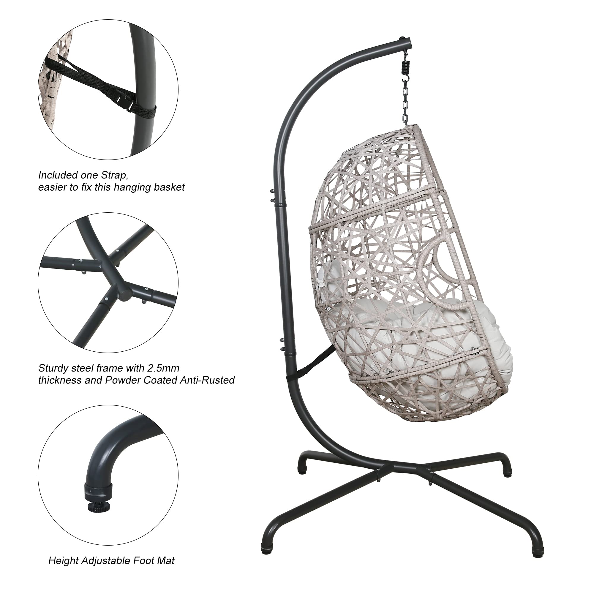 Outdoor Wicker Egg Hanging Chair with Stand - Rattan Swing Hammock for Patio, Balcony, Garden - Includes Comfortable Cushion - Perfect for Relaxing, Reading & Lounging (Beige)