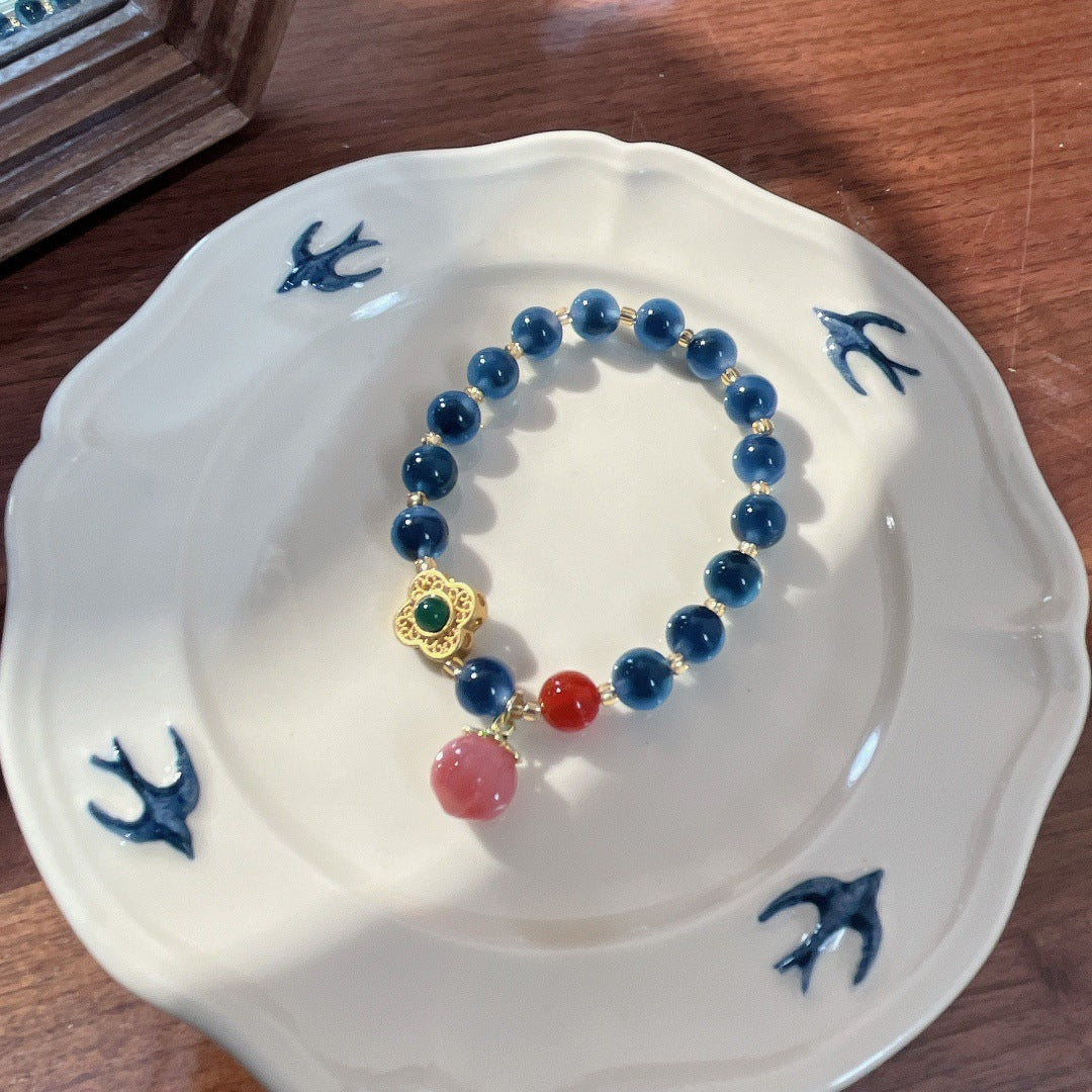 Natural Blue Agate Beads Bracelet with Peach Safety Buckle - Elegant Women's Jewelry for Daily Wear, Gift Giving & Spiritual Healing