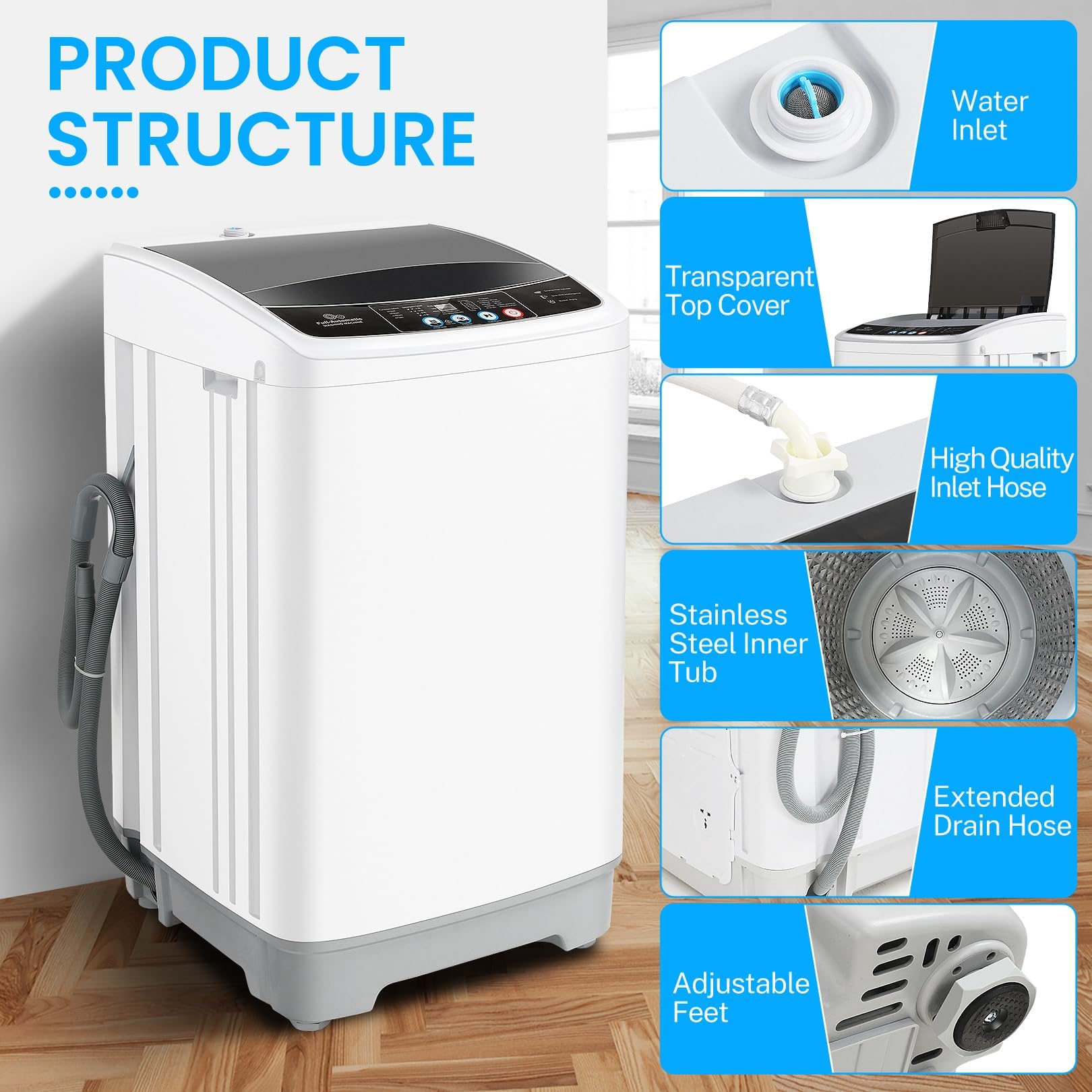 Nictemaw 17.8Lbs Full Automatic Portable Washing Machine - 2.4 Cu.ft Compact Laundry Washer with 10 Wash Programs, 8 Water Levels, Drain Pump & LED Display - Perfect for Apartments, Homes, RVs, Camping & Small Spaces