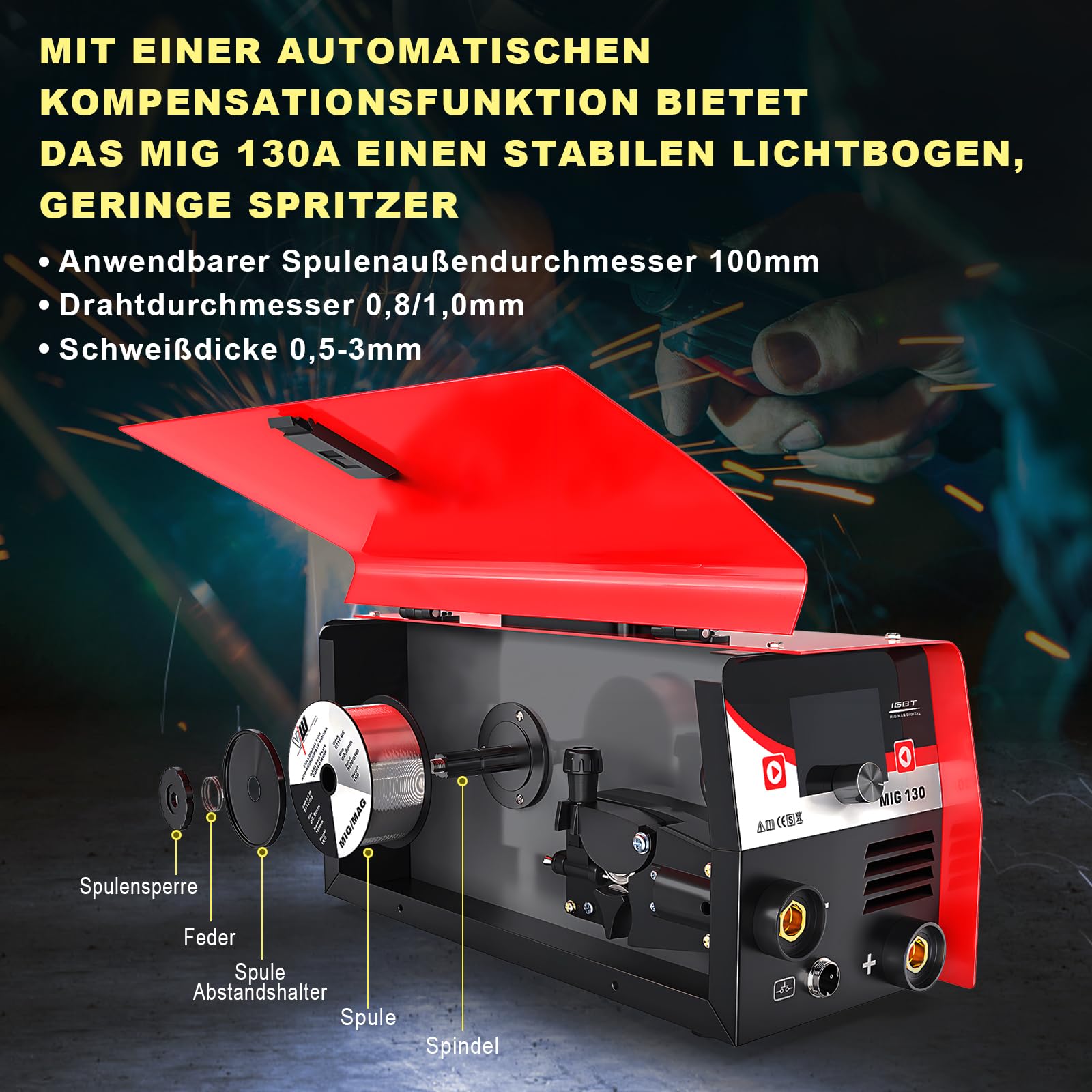 130A MIG Welder for Beginners - IGBT Inverter Wire Feed Welding Machine with Welding Helmet & Electrode Welding Function | Home DIY, Auto Repair, Metal Fabrication Projects