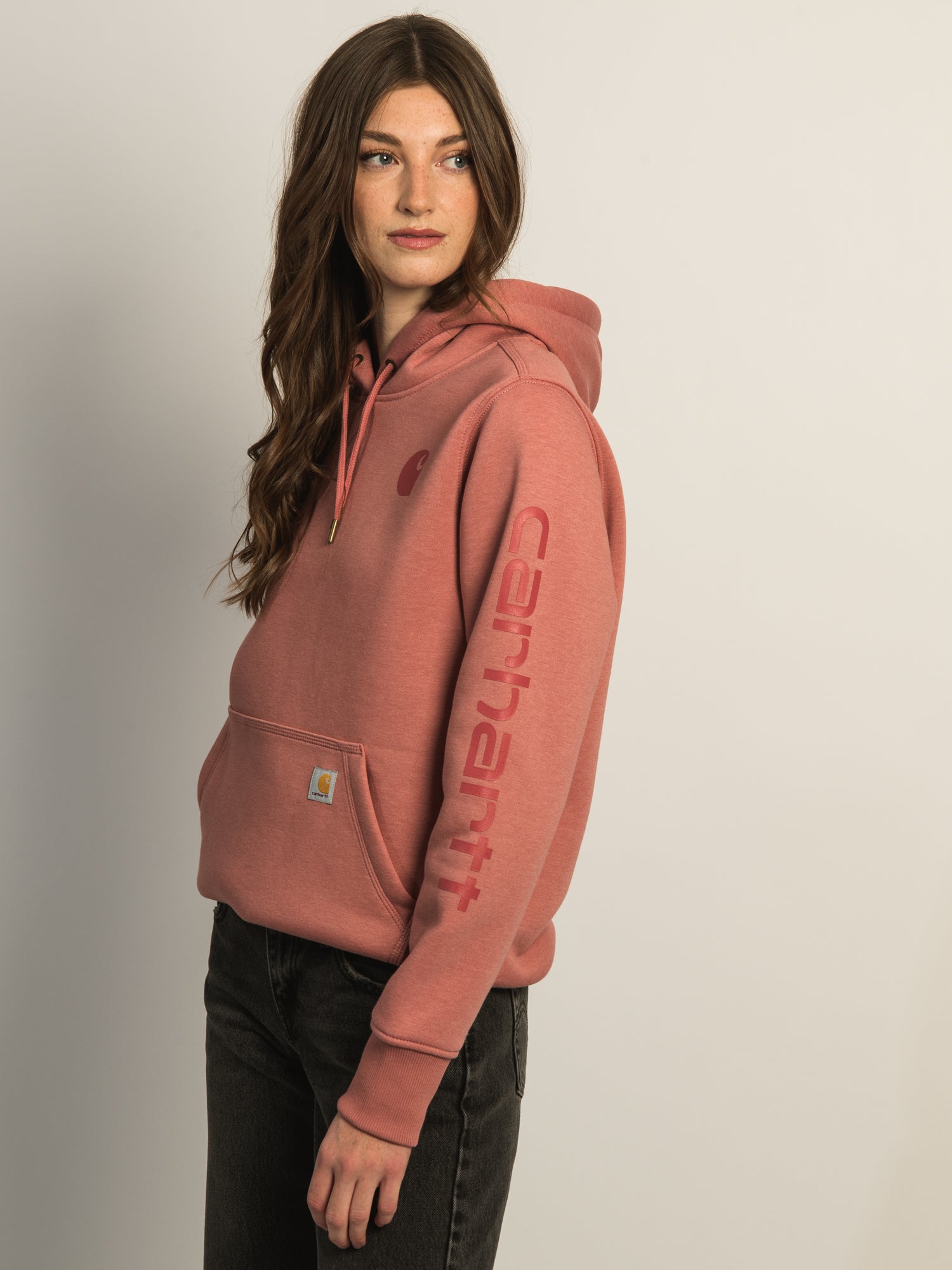 Carhartt Logo Sleeve Pullover Hoodie for Women - Rose Pink Fleece Sweatshirt for Casual Wear, Work & Outdoor Activities