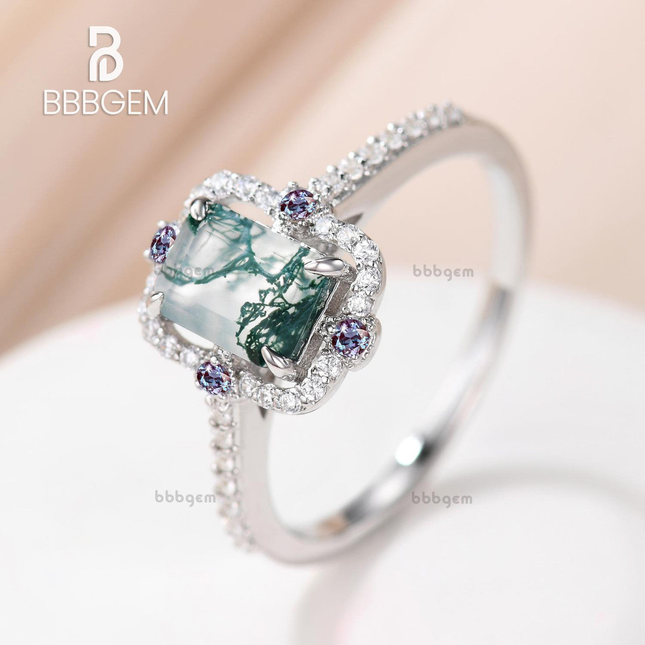 Vintage Emerald Step Cut Moss Agate White Gold Engagement Ring with 4 Alexandrite Accents - Symmetrical Wedding Band for Women, Bridal Jewelry, Anniversary Gift, Proposal Ring for Her