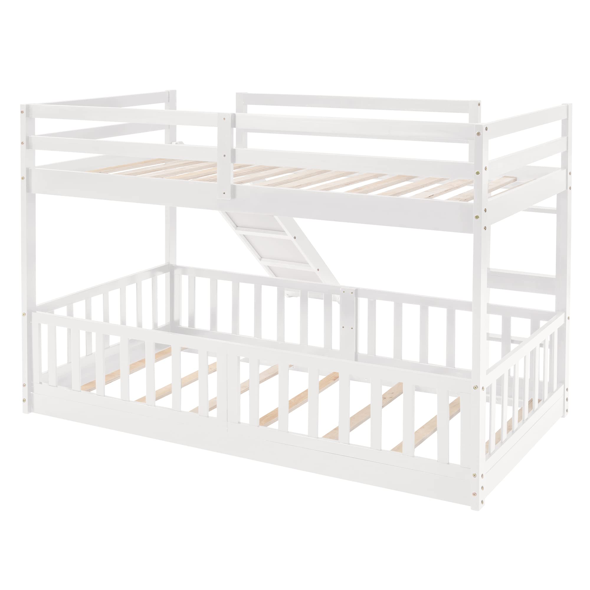 Kids Bunk Beds with Slide - Twin Over Twin Low Bunk Bed with Safety Fence | Wooden Bed Frame for Boys & Girls | Perfect for Small Bedrooms & Playrooms (White)