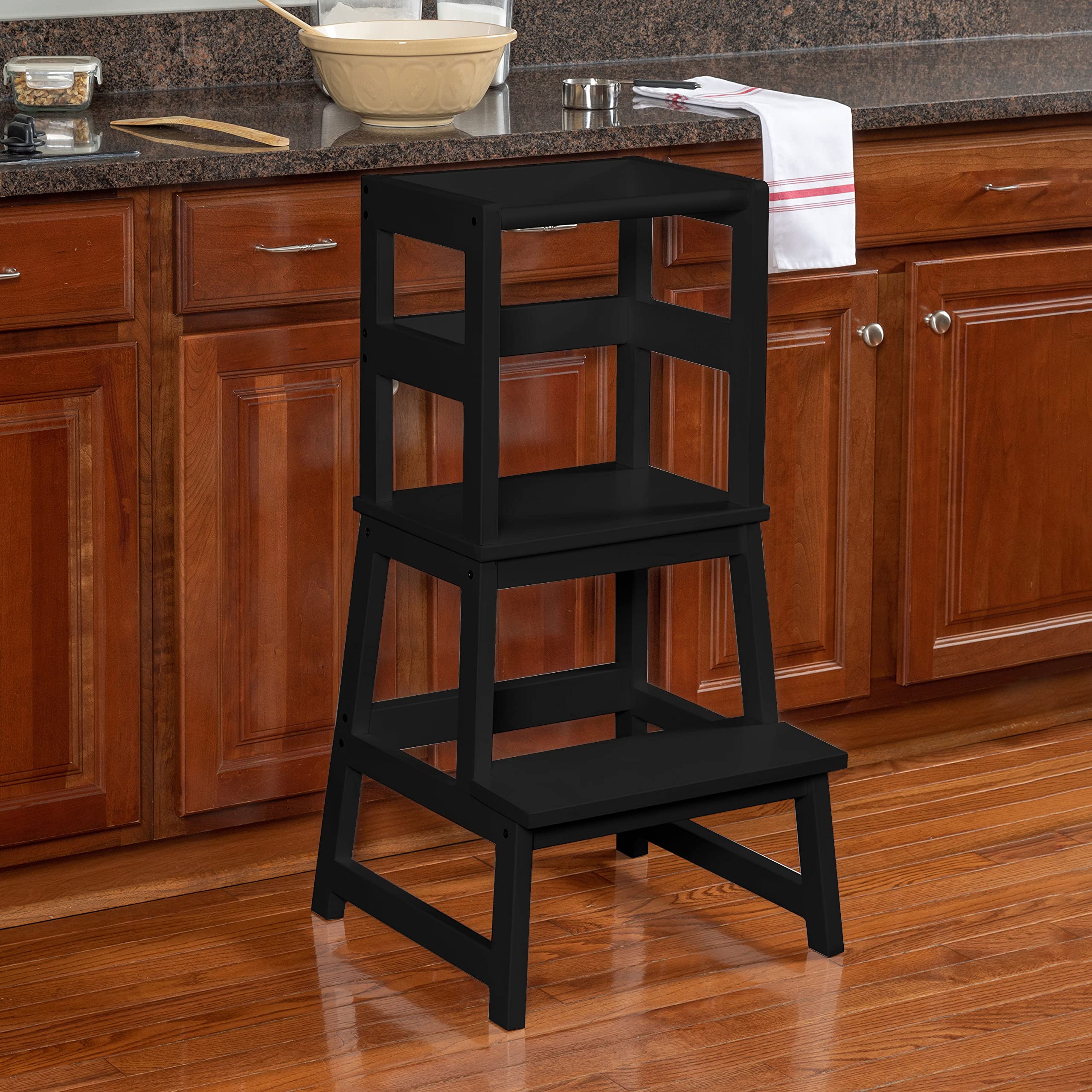 Play Platoon Toddler Kitchen Stool - Black Wooden Step Stool Standing Tower for Kids | Safe & Sturdy Learning Helper for Kitchen Counter, Bathroom Sink & Playroom | Perfect for Cooking, Brushing Teeth & Creative Play