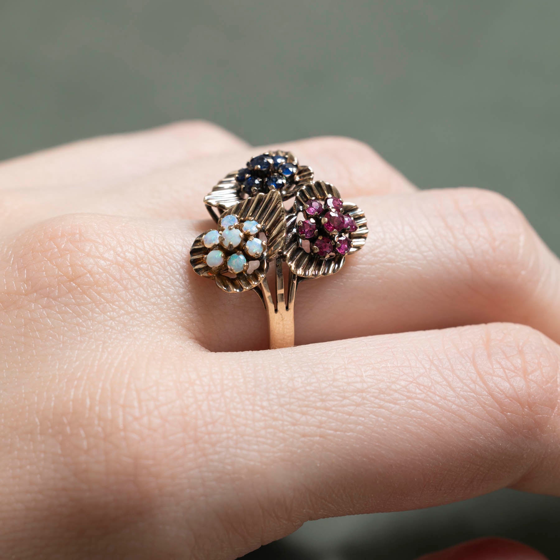 Exquisite Ruby, Sapphire & Opal Cluster Cocktail Ring | 0.90ctw Gemstone Jewelry | Size 8 | Perfect for Evening Parties, Weddings & Special Occasions