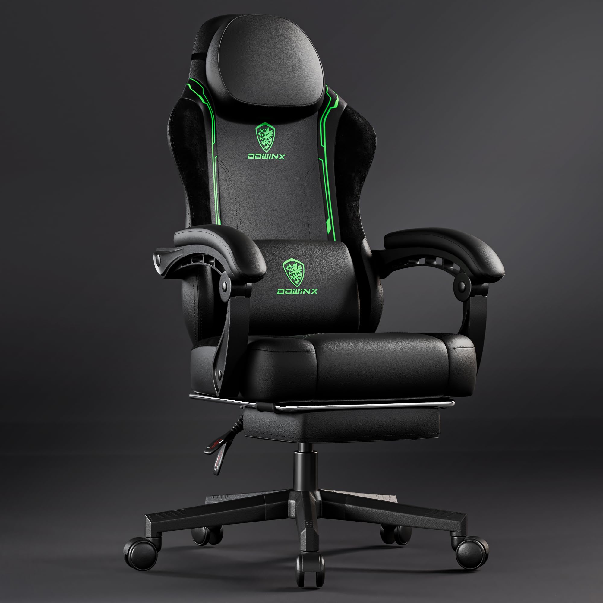 Dowinx Ergonomic Gaming Chair with Pocket Spring Cushion & Footrest - Massage Lumbar Support High Back Office Chair for Adults, 300LBS Capacity, Green Leather Computer Chair - Perfect for PC Gaming, Esports & Home Office Workspace