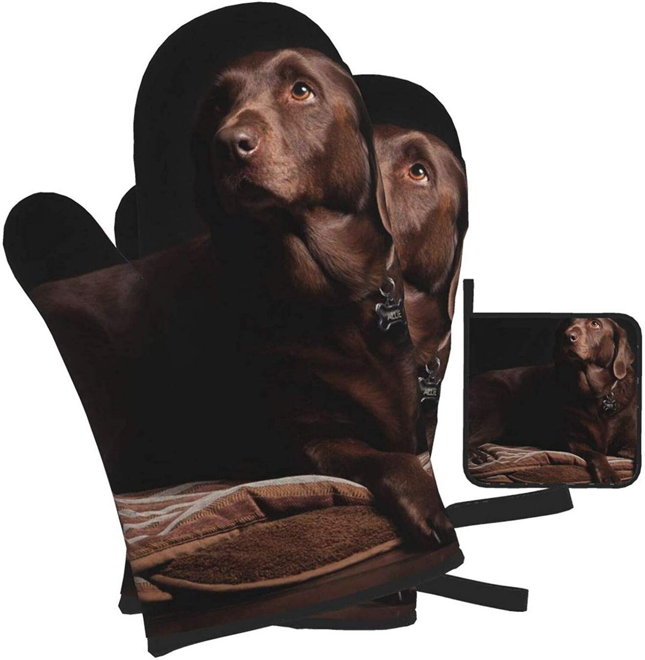 Brown Labrador Retriever Oven Mitts & Pot Holders Set - 3 Piece Heat Resistant Kitchen Accessories for Baking, BBQ & Cooking | Perfect for Holiday Baking, Grilling Parties & Everyday Kitchen Use