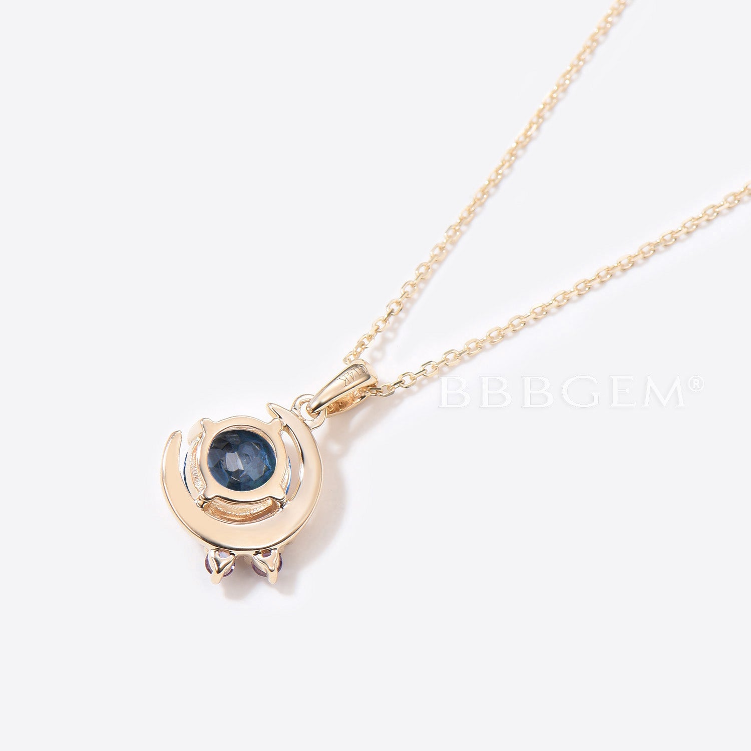 5mm Round Blue Sapphire & Amethyst Cluster Pendant Necklace - Moon Design Elegant Jewelry for Women, Perfect for Wedding, Party & Gift Giving