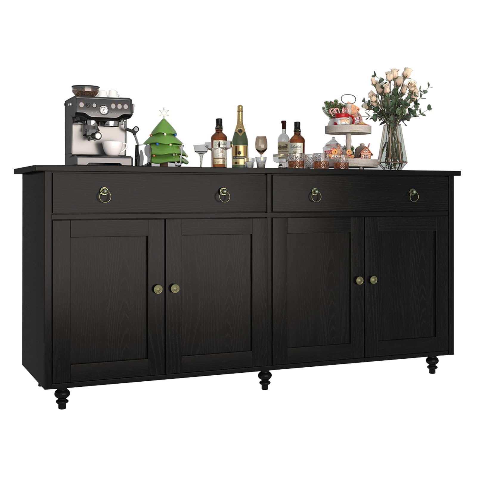 4 EVER WINNER 55'' Black Buffet Cabinet with Storage - Coffee Bar Sideboard with Drawers, Doors & Adjustable Shelves for Living Room | Perfect for Dining Room Storage, Home Bar Setup & Entertainment Center