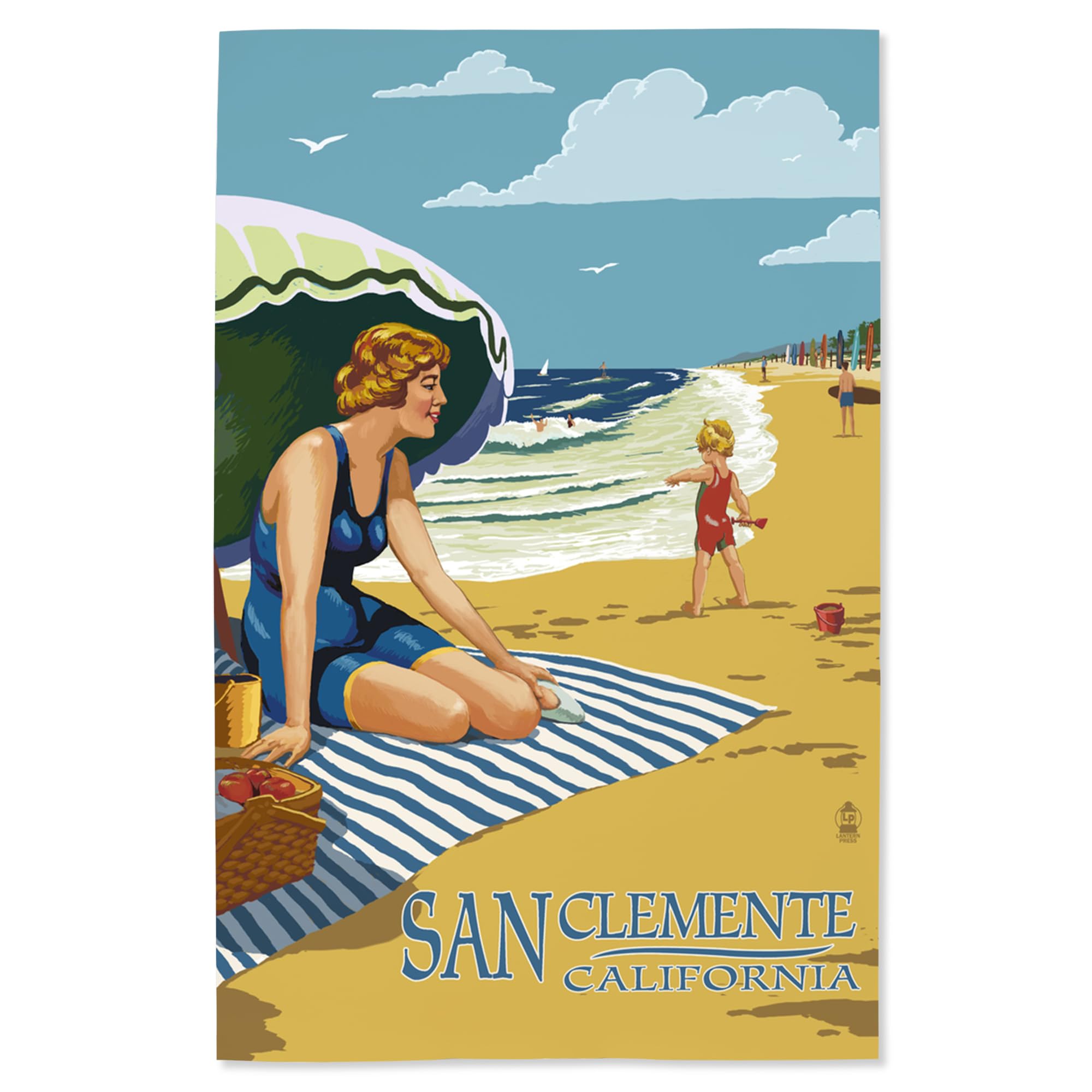 Lantern Press 16x24 Inch Giclee Print - San Clemente California Beach Art with Woman on Shore | Coastal Wall Decor for Living Room, Bedroom & Office