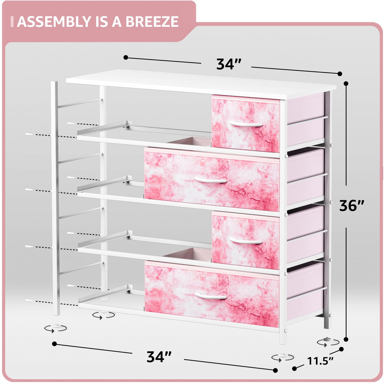 Sorbus 8-Drawer Dresser Storage Chest for Kids & Teens - Sturdy Steel Frame with Wood Top & Fabric Bins - Nursery, Bedroom, Playroom Organizer for Clothes, Toys (Tie-Dye Pink) - Perfect for Small Space Organization & Kids Room Decor