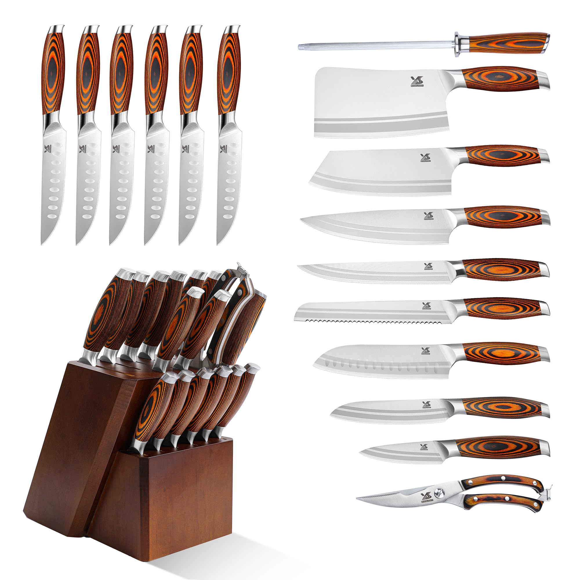 MSY BIGSUNNY 17-Piece German Steel Knife Set with Wooden Block - Professional Kitchen Cutlery Set for Chefs & Home Cooking - Perfect Gift for Weddings & Housewarming