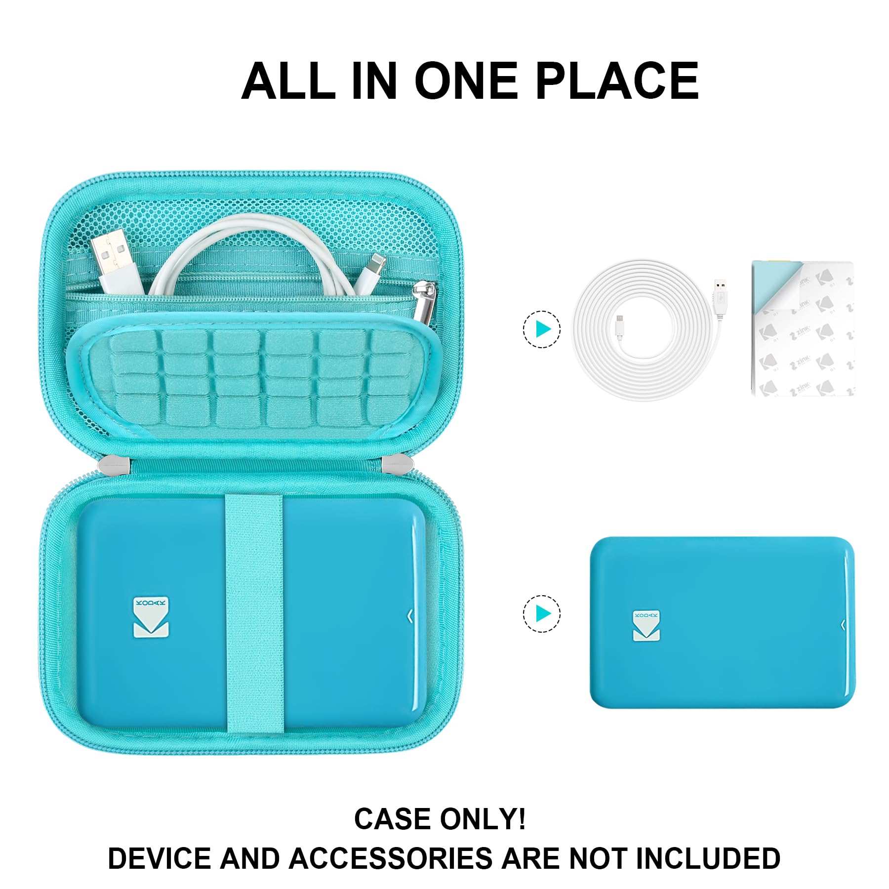 Durable Hard Carrying Case for KODAK Step Color Instant Photo Printer - Wireless Bluetooth Portable Smartphone Printer with Zipper Mesh Pocket (Fits USB Cable & Photo Paper) - Green - Perfect for Travel, Parties & Home Photo Printing