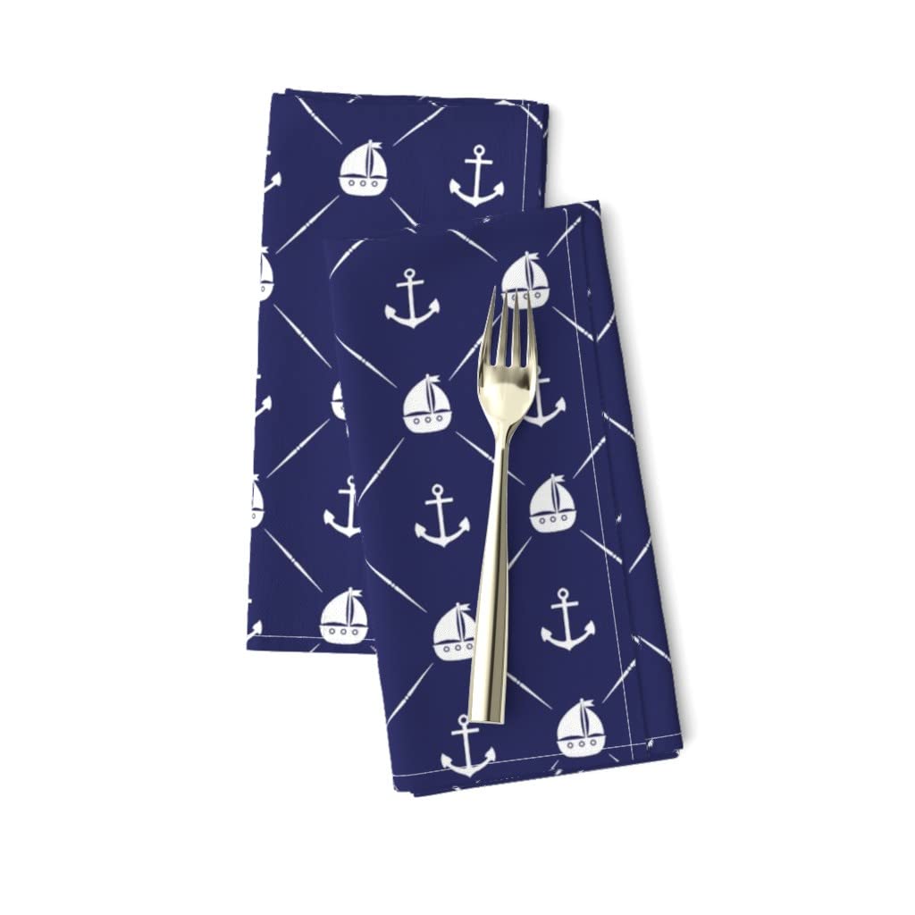 Premium Linen Cotton Canvas Dinner Napkins Set of 2 - Dark Navy Blue Anchors Retro Nautical Print for Baby Nursery, Quilting & Sailing Themed Dining | Elegant Cloth Napkins for Dinner Parties, Weddings & Home Decor