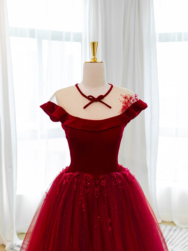 Elegant Burgundy Round Neck Tulle Lace Long Prom Dress | Formal Evening Gown for Homecoming, Wedding, and Special Occasions