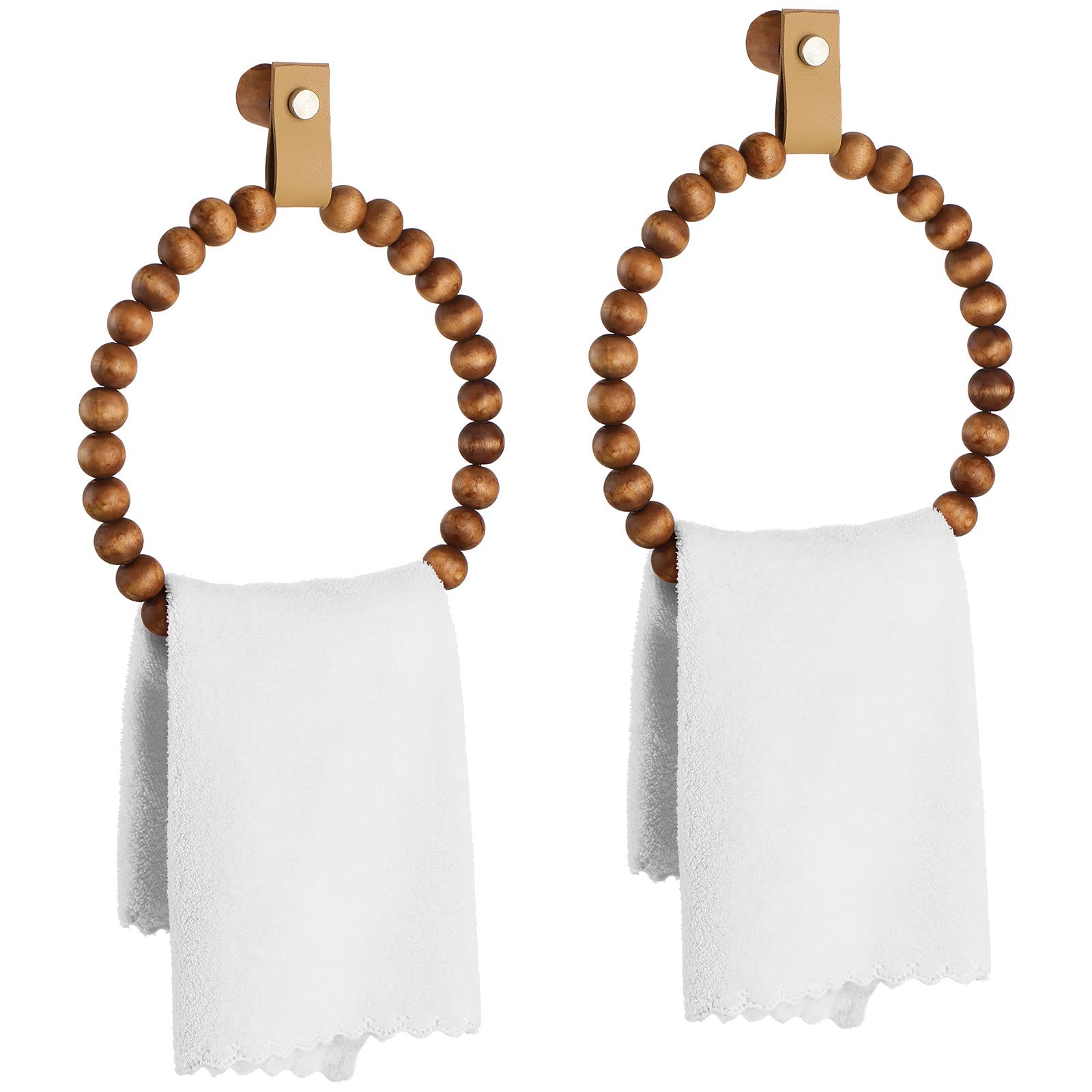 2 Pcs Handmade Boho Towel Rack - Wooden Beaded Round Wall Mounted Towel Ring Holder - Rustic Farmhouse Bathroom & Kitchen Decor - Perfect for Hanging Hand Towels in Bath, Powder Room or Country Style Kitchen