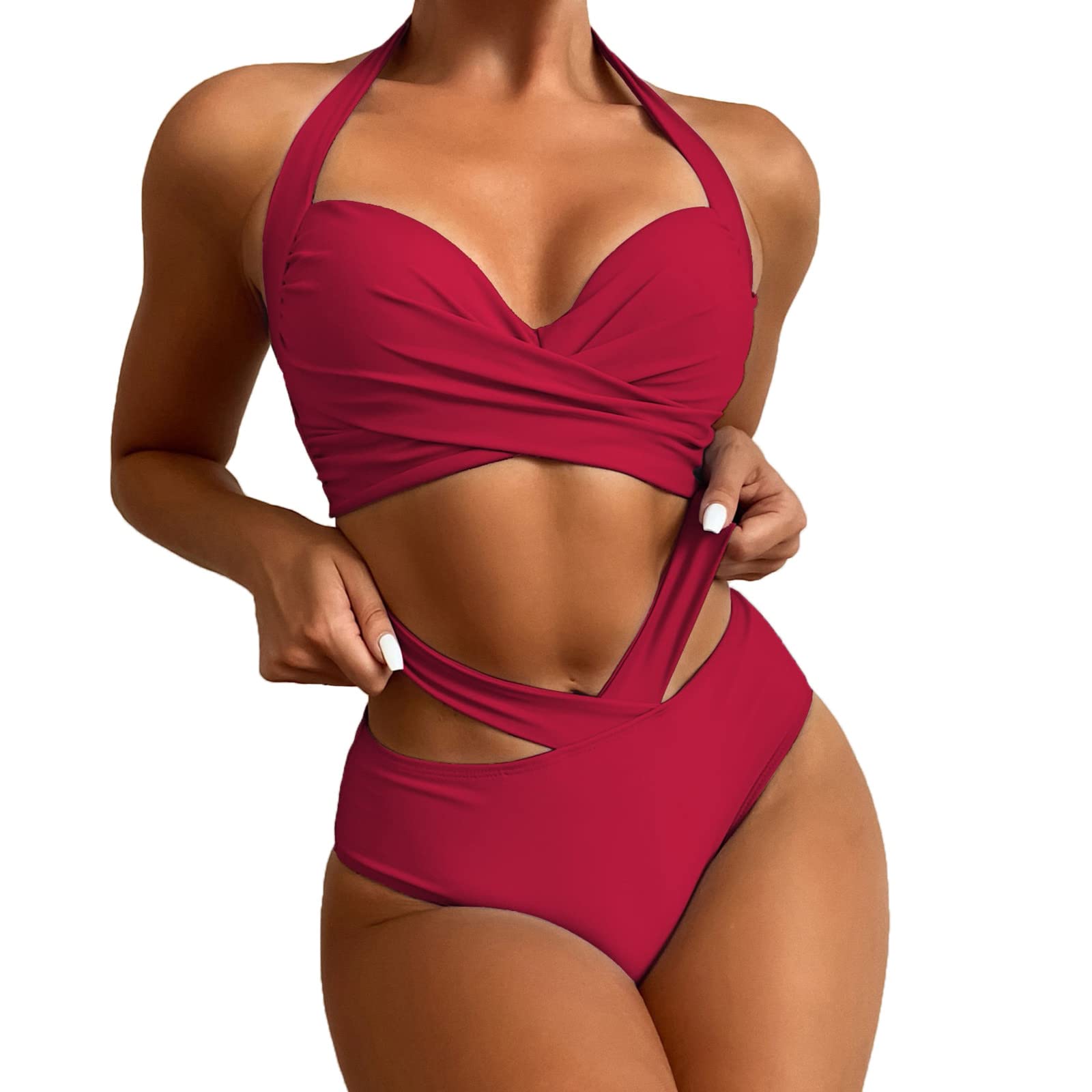 Vintage Floral Print Women's Two Piece Swimsuit - Retro Halter Bikini Top with Ruched Wrap Front & High Waist Bottoms for Beach, Pool, and Summer Vacations