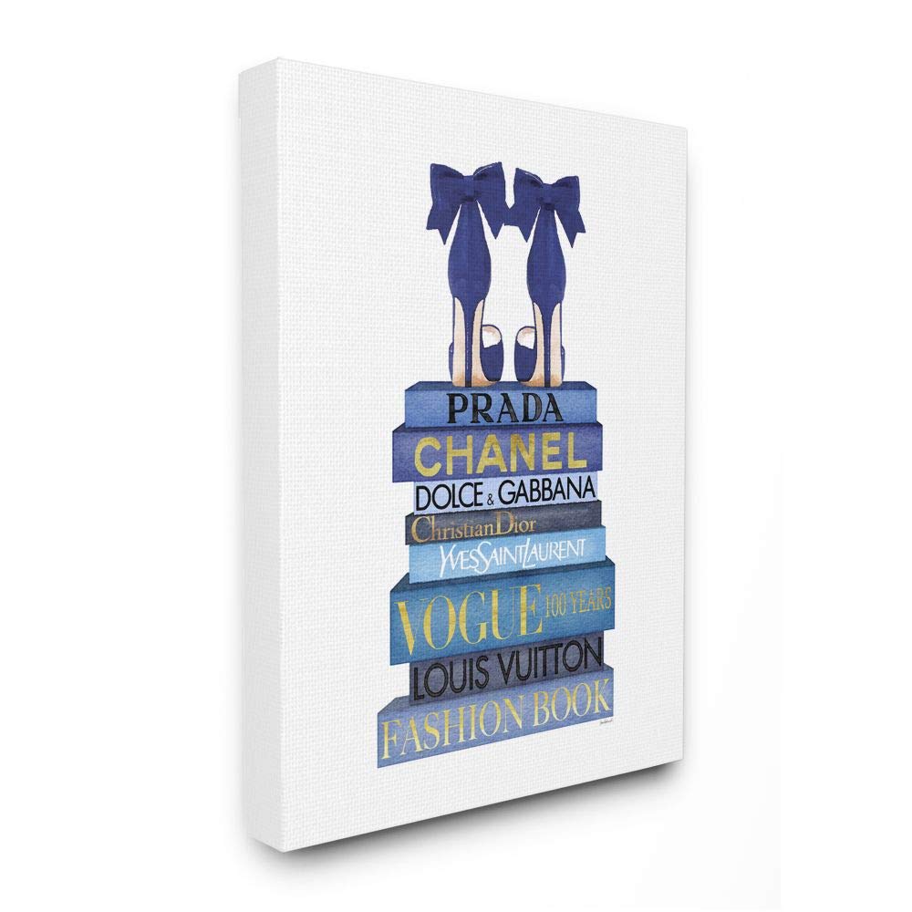 Stupell Industries Blue Bow Heels Above Iconic Designer Books Wall Art - 30x40 Inch Framed Canvas Print, White - Perfect for Living Room, Bedroom & Office Decor