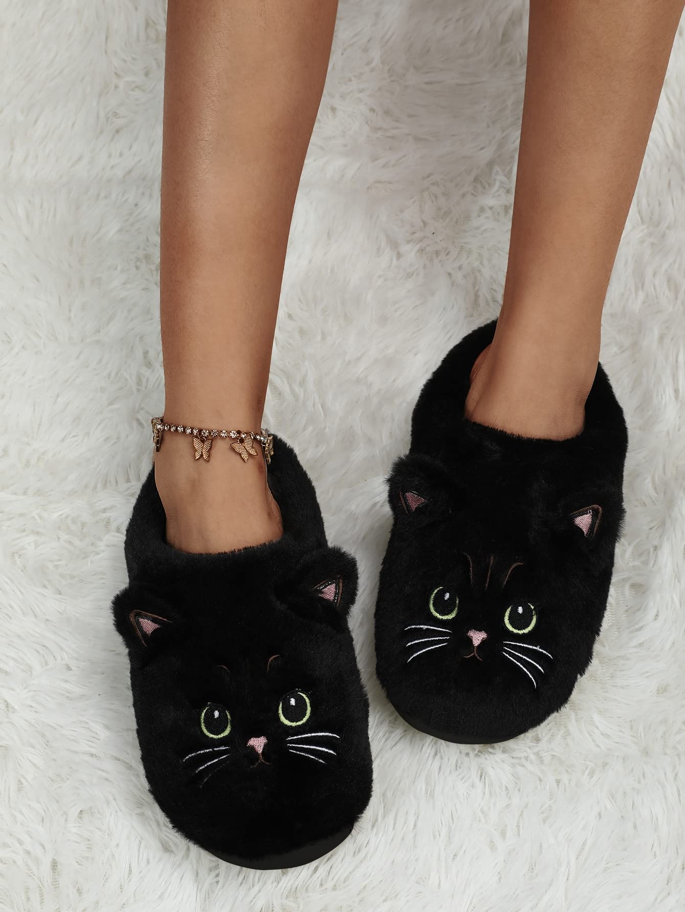 SweatyRocks Women's Embroidered Cartoon Fuzzy House Slippers - Soft Warm Indoor Slippers for Women with Round Toe - Perfect for Home, Lounge & Winter Comfort