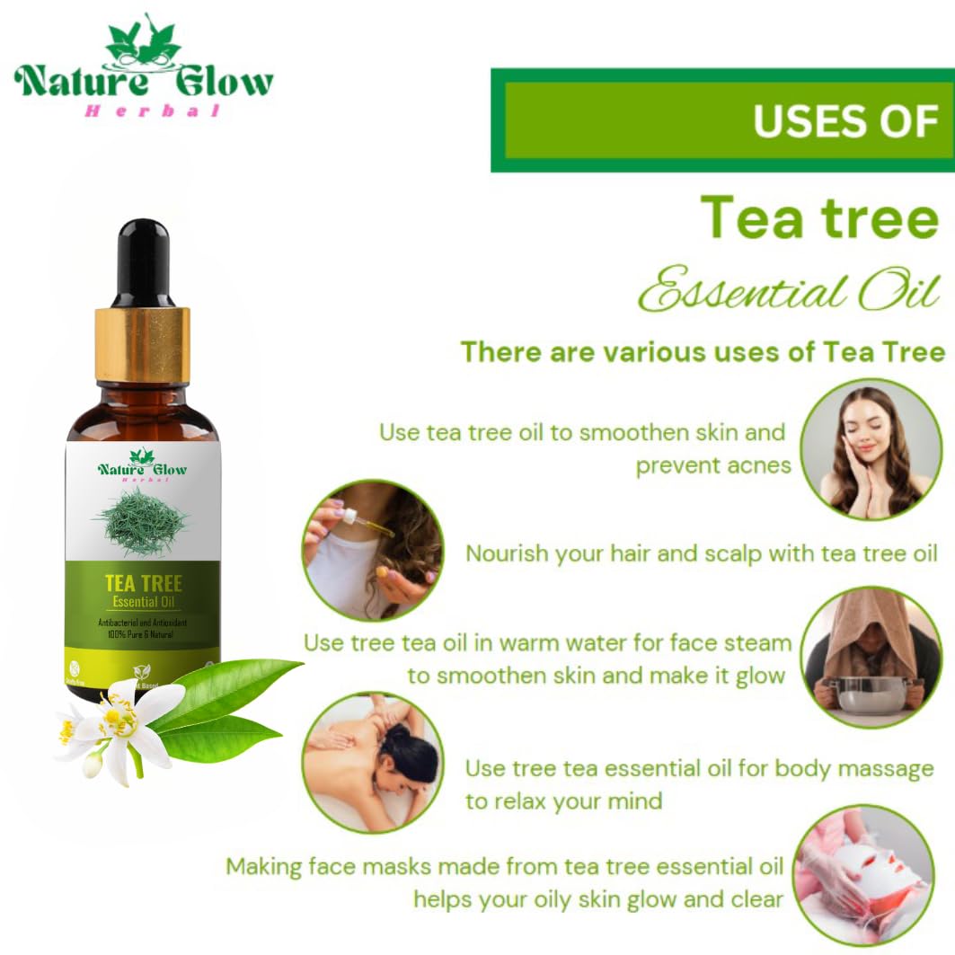 Nature Glow Herbal Tea Tree Essential Oil - 100% Pure, Undiluted for Acne, Pimples, Scars & Skin Care | Face & Hair Treatment | Anti-Dandruff Solution | Therapeutic Grade Aromatherapy Oil (15ml) - Perfect for DIY Beauty, Massage & Home Remedies