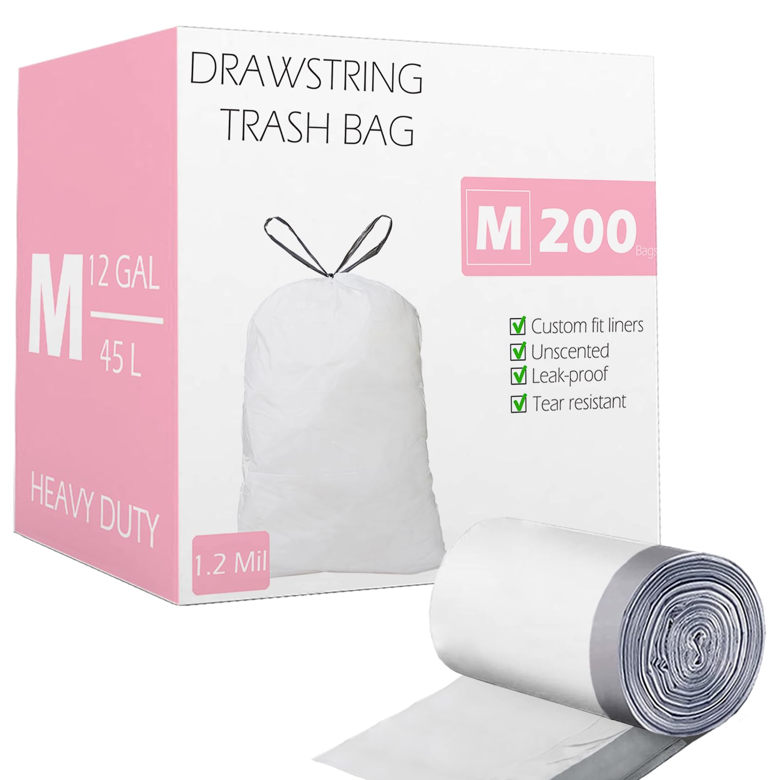 Code M (200 Count) 12 Gallon Heavy Duty Drawstring Trash Bags - Compatible with simplehuman Code M Garbage Can Liners | 12 Gallon/45 Liter | 1.2 Mil Thick | White | Perfect for Kitchen, Bathroom & Office Waste Disposal