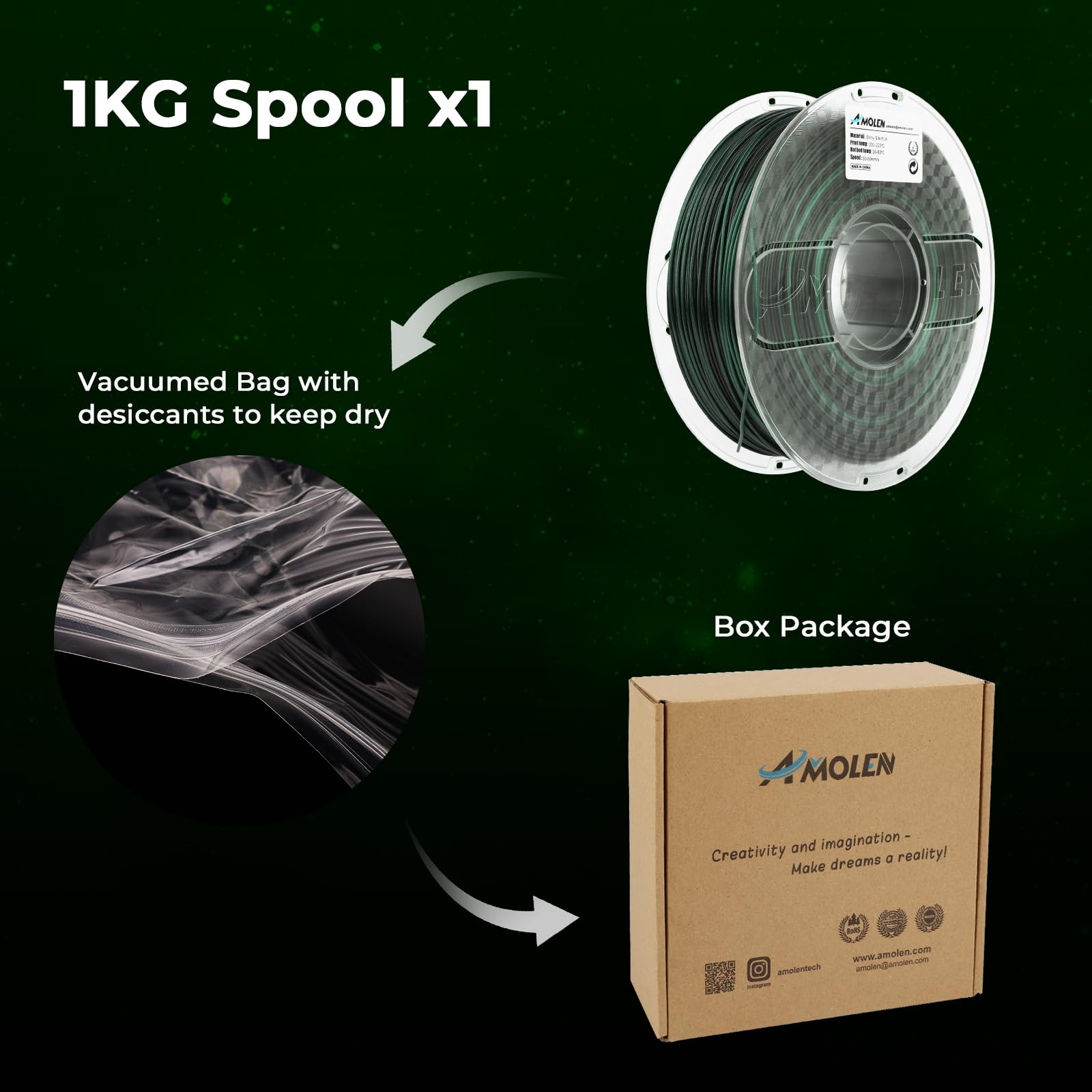 AMOLEN PLA 3D Printer Filament 1.75mm - Silk Black & Shiny Green 1KG/2.2lb Spool - High Quality 3D Printing Material for Cosplay, Home Decor & DIY Projects