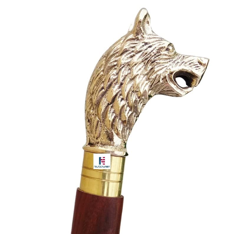 Handmade Wolf Head Brass Handle Walking Cane - Gothic Halloween Costume Accessory, Unique Gift for Lovers & Cosplay Enthusiasts | Perfect for Cosplay, Costume Parties, Theatrical Performances & Collector's Display
