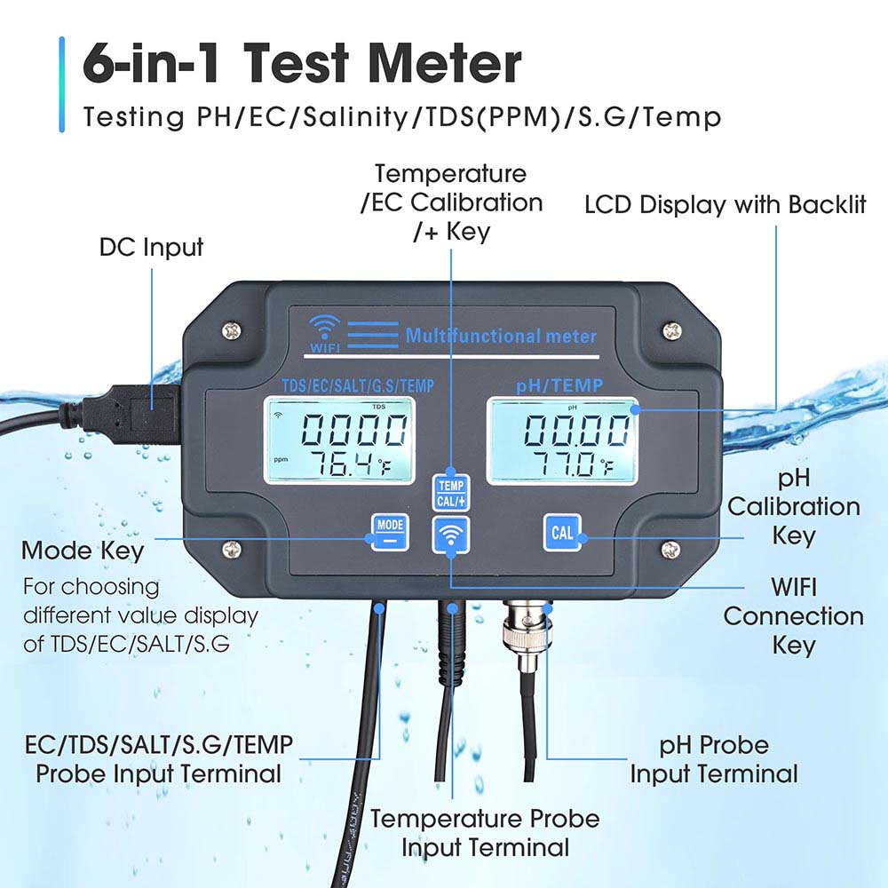 6-in-1 Water Quality Tester Meter - Measure pH, Temperature, TDS, EC, S.G & Salt Levels | Perfect for Aquariums, Pools, Hydroponics & Drinking Water Testing