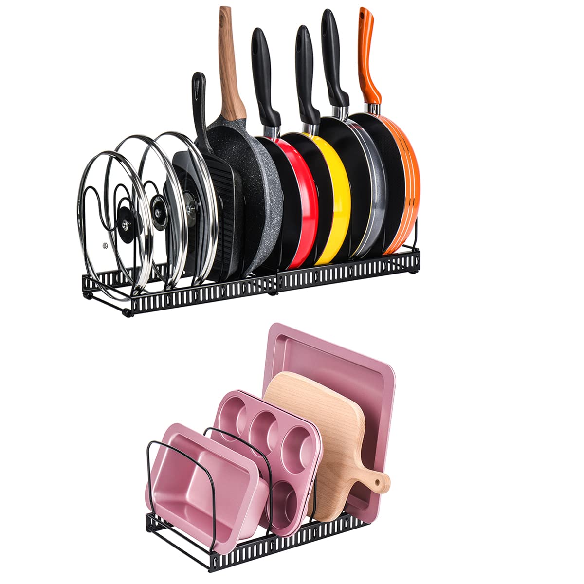 Toplife Adjustable 10-Pan and 7-Lid Organizer Rack for Kitchen Cabinet & Countertop - Space Saving Storage Solution for Pots, Pans & Cookware Lids - Perfect for Small Kitchens & Clutter-Free Cooking