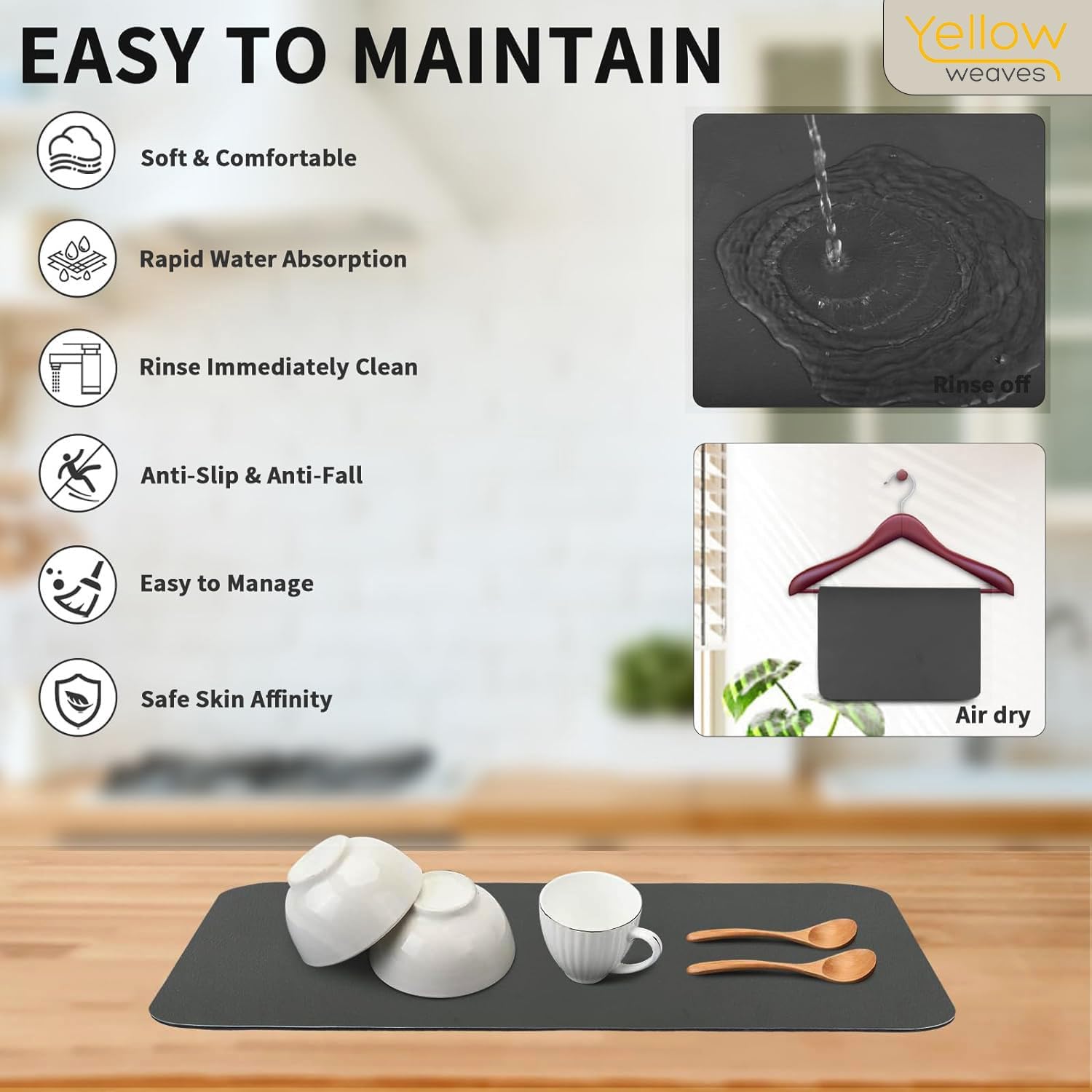 VRAJDHAM Premium Kitchen Dish Drying Mat - Super Absorbent, Non-Slip, Fast Drying for Utensils & Dishes (34 x 44 cm) - Perfect for Countertops, Sinks & Dish Racks - Black (Pack of 1)