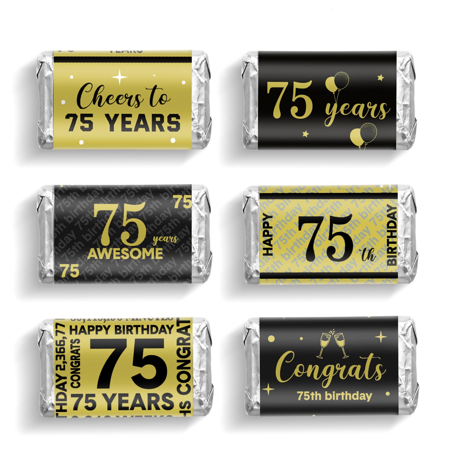 Tenare 90-Piece 75th Birthday Candy Bar Wrappers - Elegant Black & Gold Chocolate Decoration Labels for Anniversary & Party Supplies | Perfect for Milestone Celebrations, Retirement Parties & Golden Anniversary Decorations
