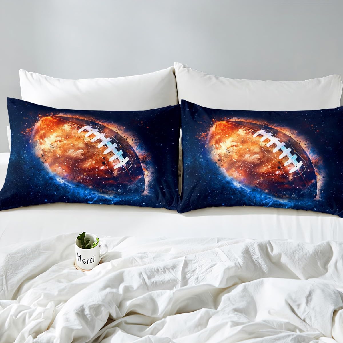 Castle Fairy Burning Football Full Size Bed Sheet Set for Kids - Blue & Red Flame Starry Sky Design - Includes 1 Flat Sheet, 1 Fitted Sheet & 2 Pillowcases - Perfect for Boys & Girls Bedrooms, Sleepovers & Themed Decor