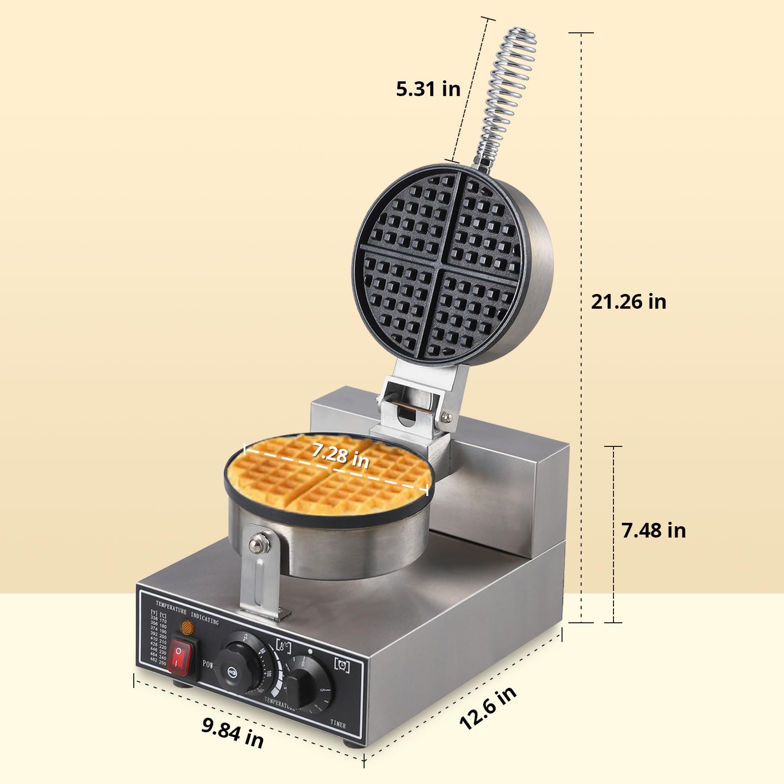 Commercial Waffle Maker 1300W - Round Non-Stick Waffle Iron with Rotatable Plates, 50°C-300°C Adjustable Temperature, Stainless Steel Restaurant Waffle Machine 110V - Perfect for Breakfast Cafes, Hotels, and Brunch Restaurants