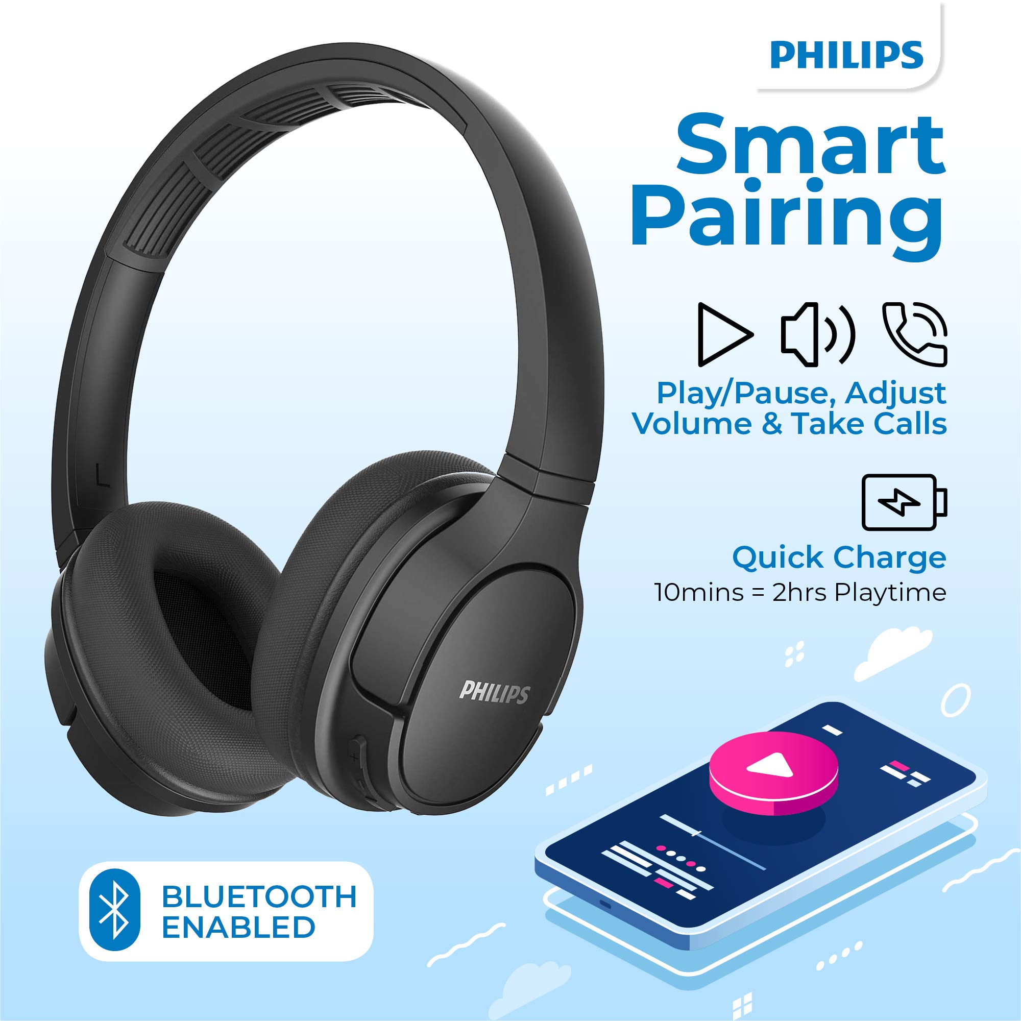 PHILIPS ActionFit SH402 Wireless Bluetooth Headphones - IPX4 Waterproof, 20+ Hours Playtime, Noise Cancelling, Fast Charging, Cool Earcups for Running, Gym, Travel & Work (Black, TASH402BK)