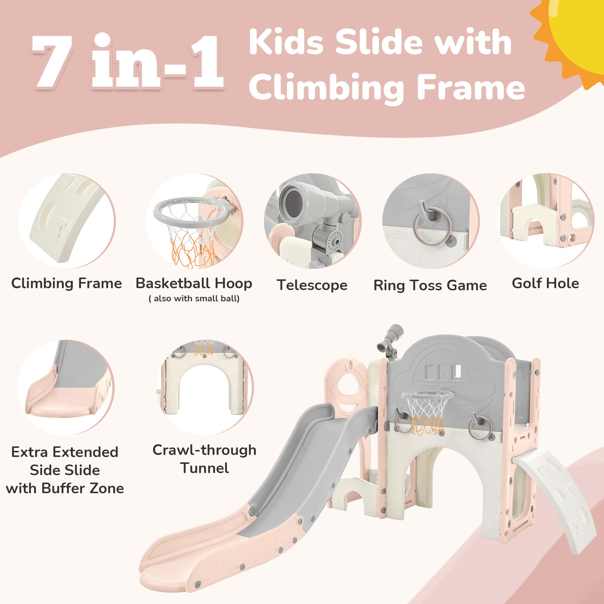 7 in 1 Toddler Slide Playset - Indoor/Outdoor Climbing Toys for Kids Ages 1-3 with Ring Toss, Basketball Hoop & Telescope - Pink Playground Equipment for Backyard, Nursery & Daycare Fun