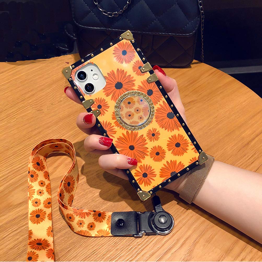 BABEMALL Elegant Premium Floral Square Strap Phone Case with Diamond Ring Holder - Compatible with iPhone 11 Pro Max 6.5