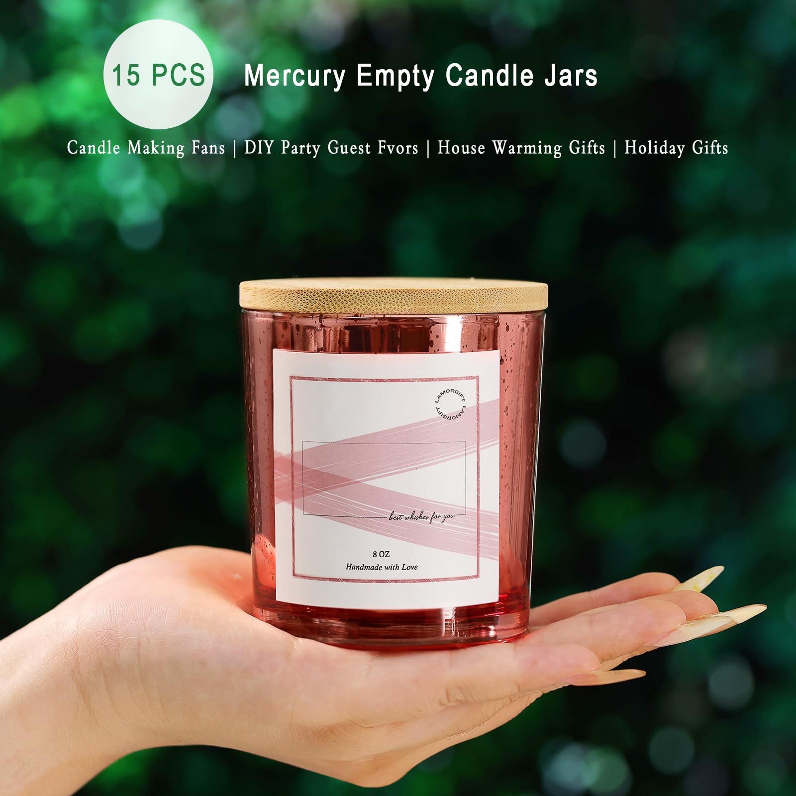 15 Pack 8oz Rose Gold Empty Candle Jars with Lids - Mercury Glass Containers for DIY Candle Making - Includes 20 Candle Labels - Perfect for Home Decor, Wedding Favors & Gift Packaging