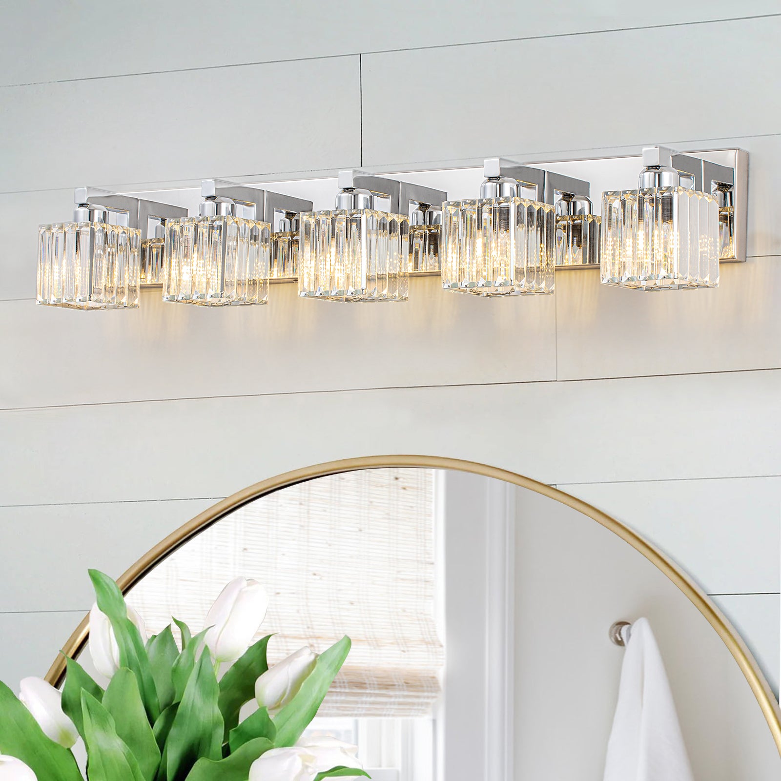 Glowlings Modern 5-Light Crystal Square Bathroom Vanity Light - Elegant LED Lighting Fixture for Bathroom, Powder Room & Dressing Area