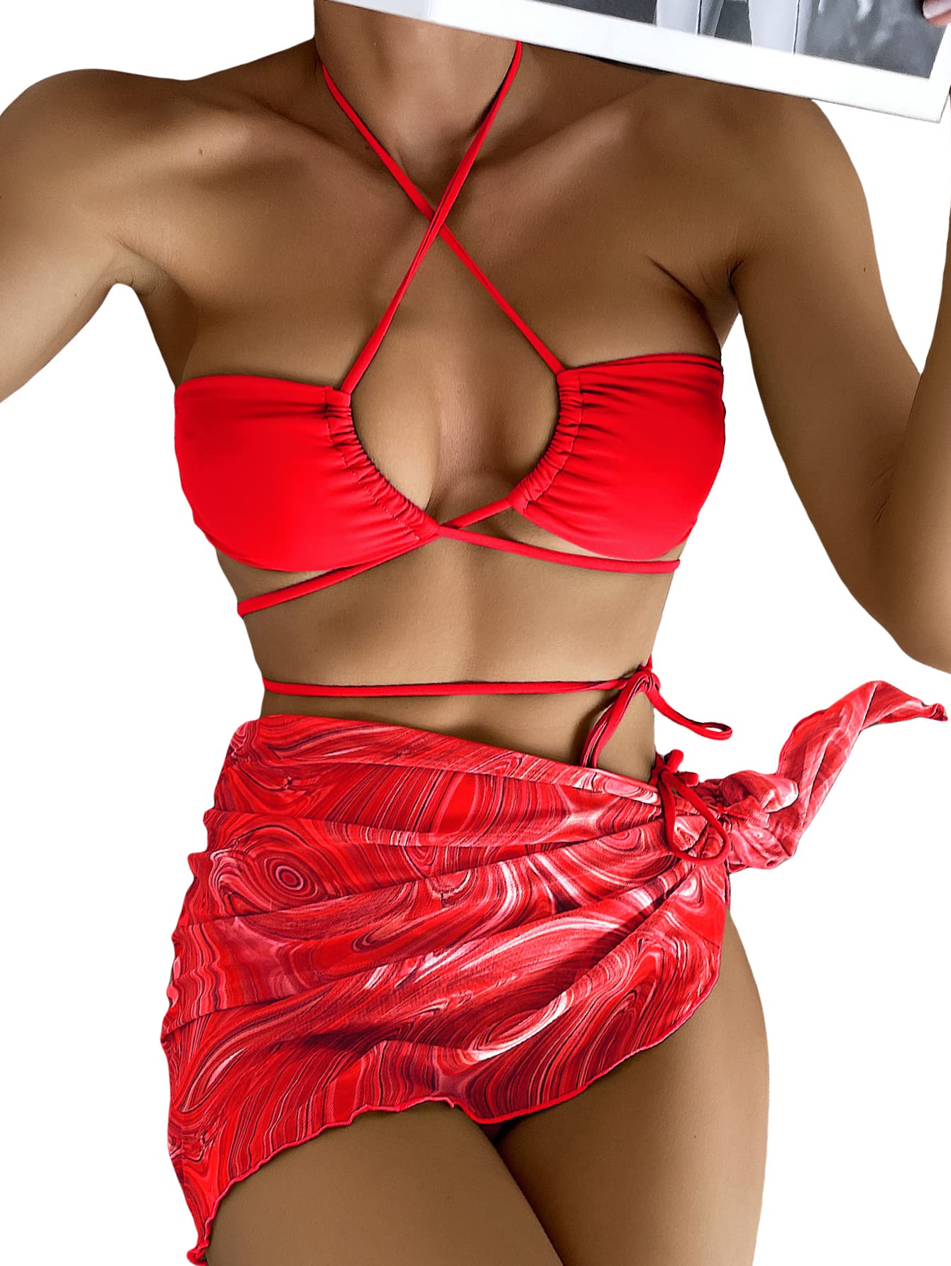 MakeMeChic Women's 3 Piece Halter Bikini Set - Sexy Swimwear Bathing Suit with Cover Up Skirt for Beach, Pool & Vacation