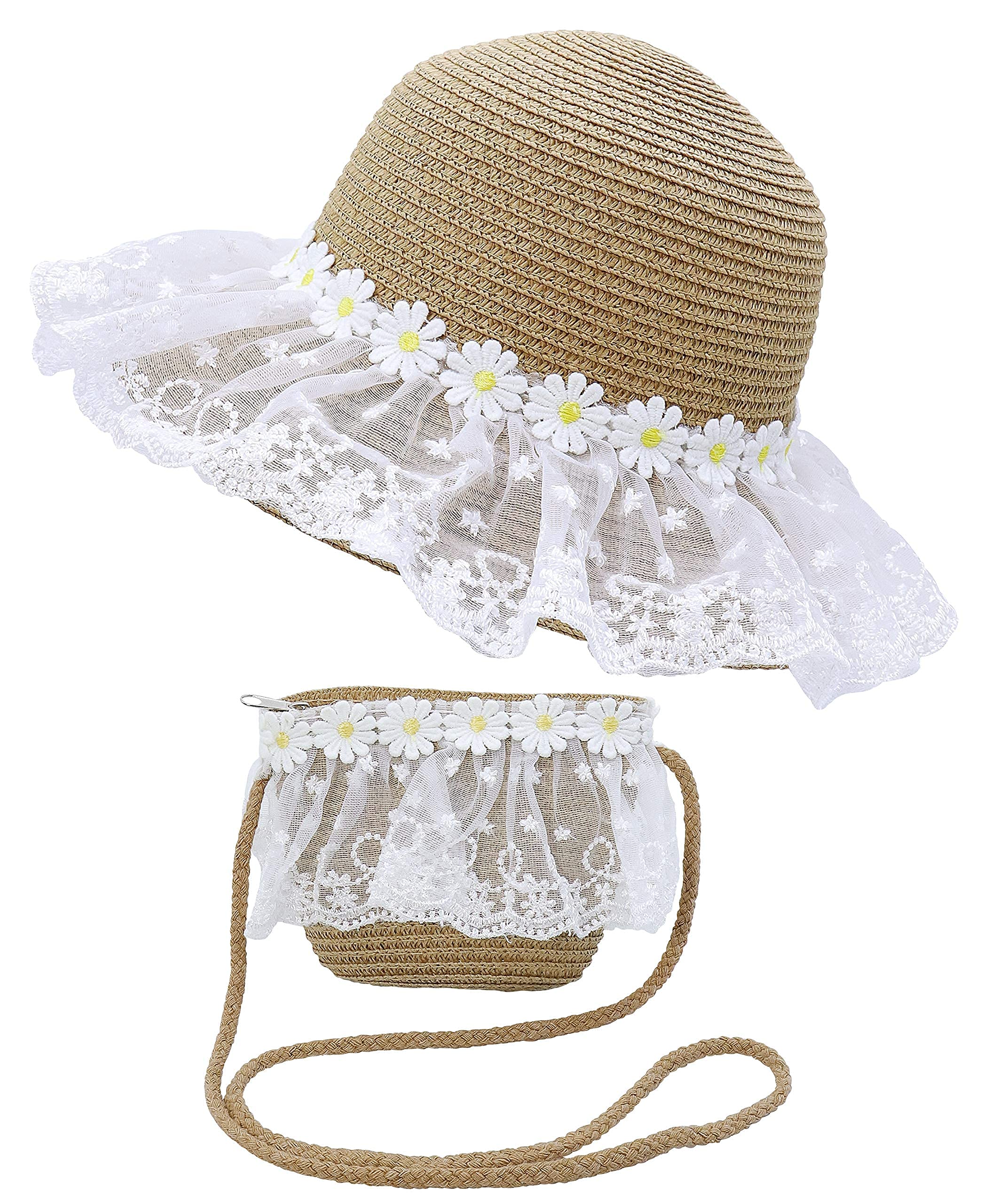 Bienvenu Girls Sun Hats for Kids - Wide Brim Straw Beach Hat with Carry Bag Set - Perfect for Summer Outdoors, Beach Vacations & Pool Parties