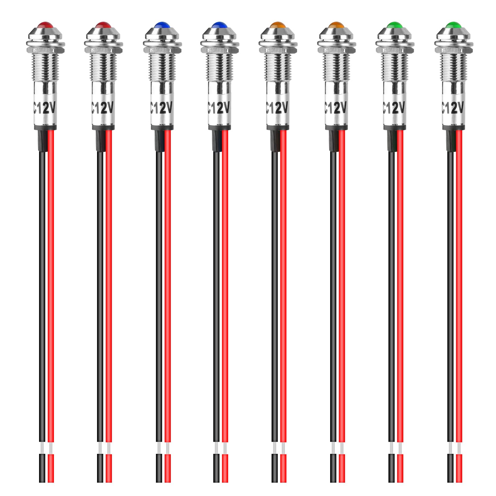 Linkstyle 8PCS 12V LED Indicator Lights - 8MM LED Signal Lamps in Red, Blue, Green & Orange with Wire Leads - Perfect for Car Dashboard, Truck & Marine Instrument Panels