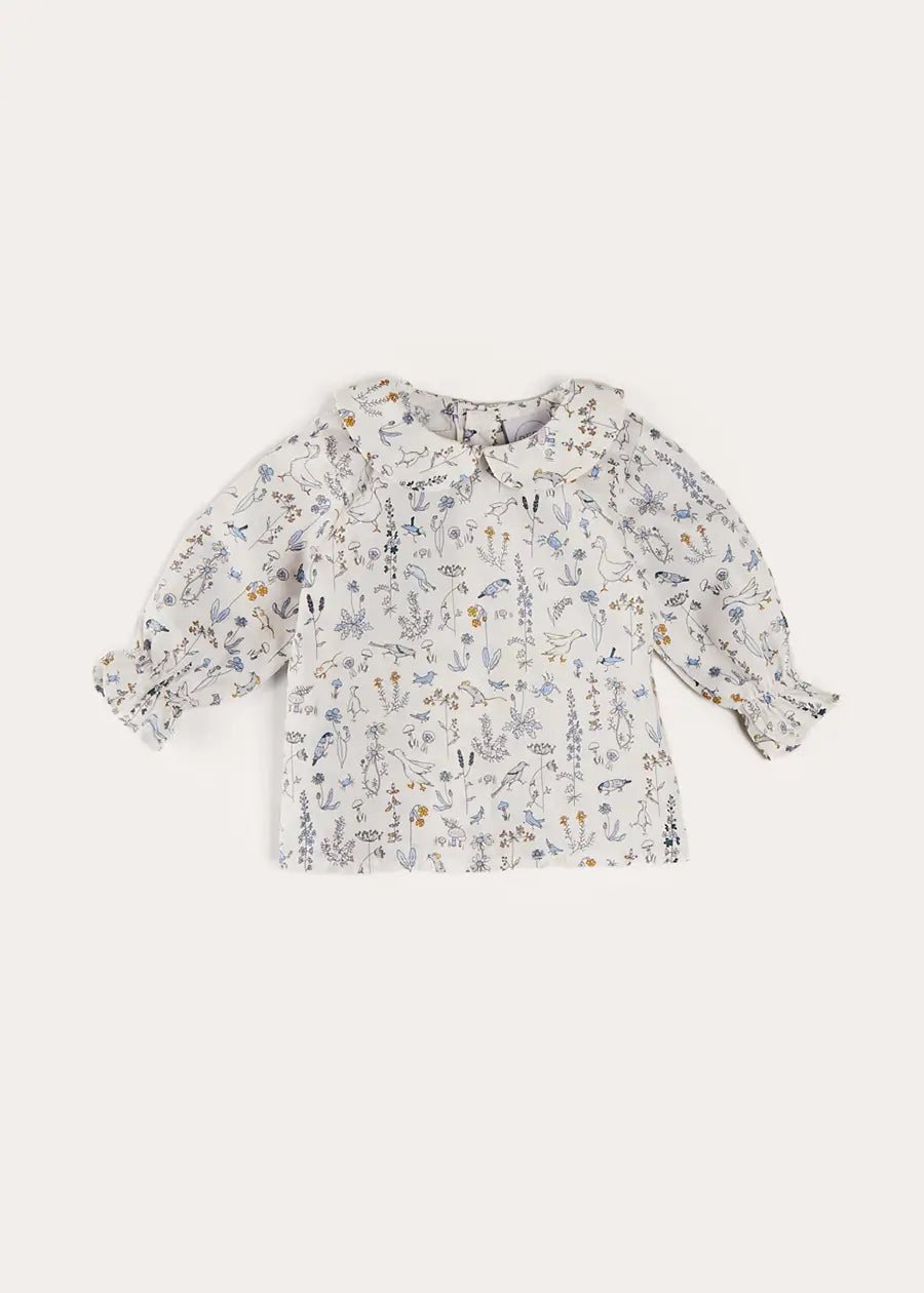 Ellis Floral Long Sleeve Blouse for Women - Blue Liberty Fabric Top - Elegant Floral Print Shirt - Perfect for Office, Date Night & Spring Outfits (Size 1-12 Months)