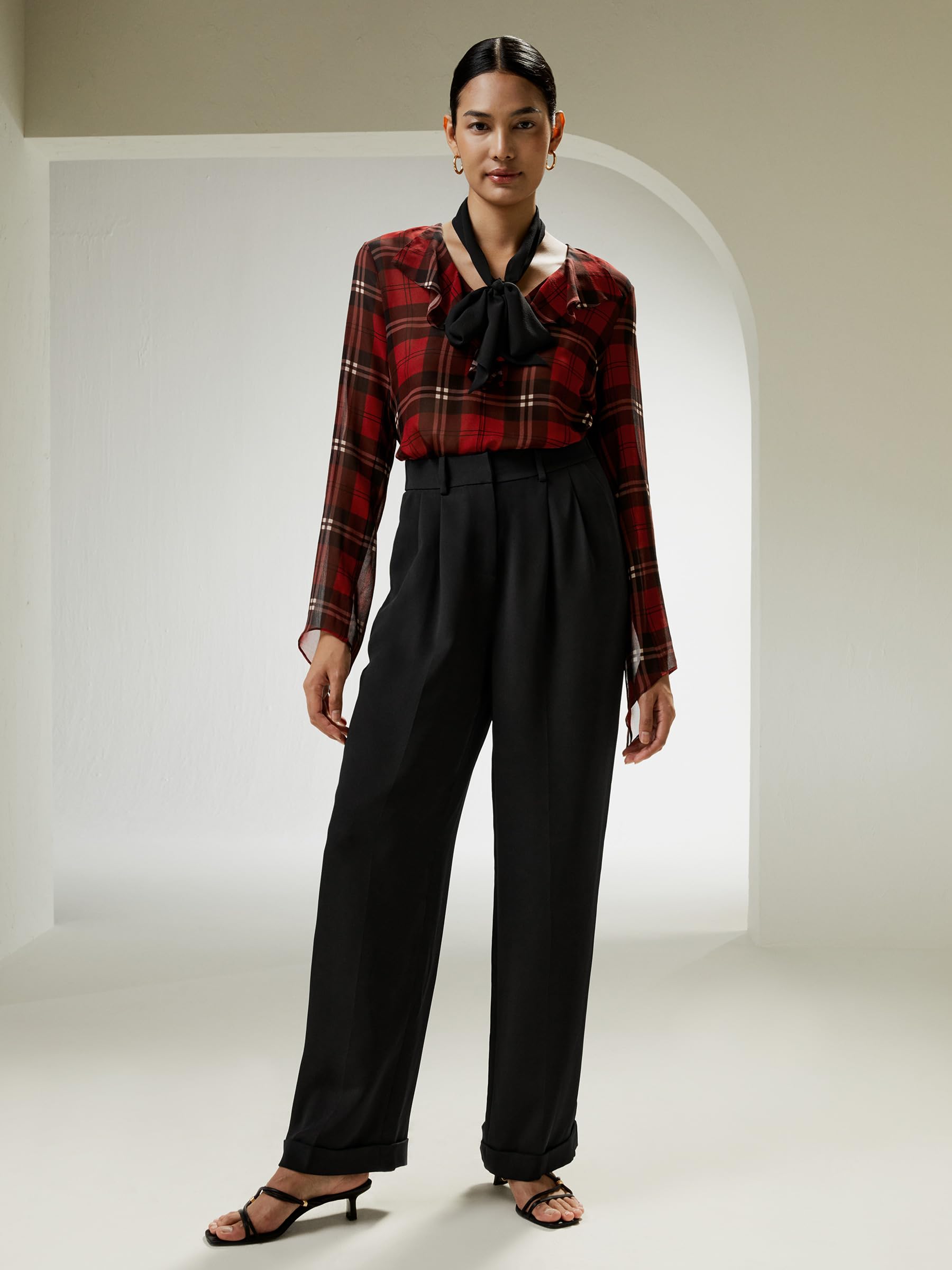 LilySilk Women's Pure Silk Blouse - 14MM Ruffle Neckline & Side Slit Cuffs - Black Red Checkered Pattern Top for Work, Party & Special Occasions