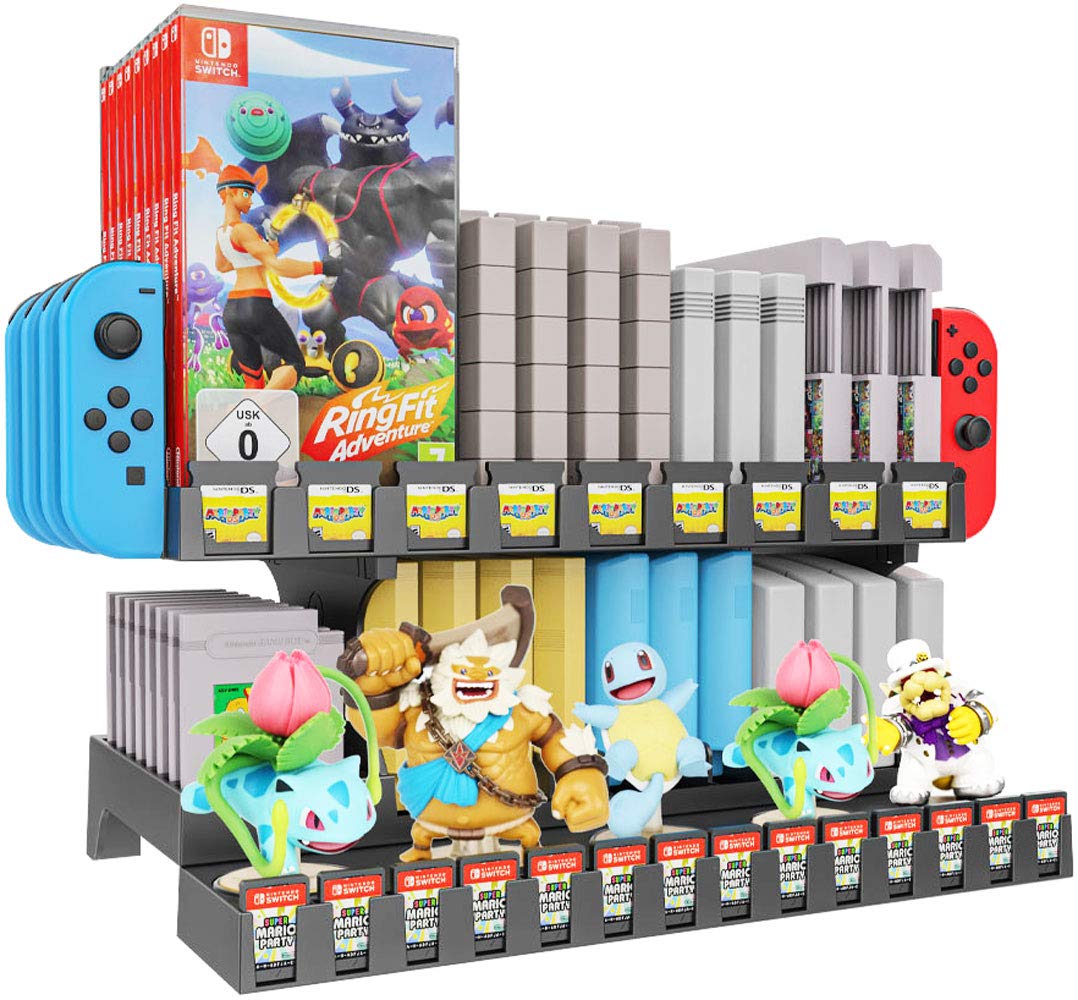 **Skywin Retro Cartridge Game Holder – Compatible with Nintendo Gameboy, NES, N64, 3DS & Switch – Organize Video Game Storage with Slots for Switch Tablet, Joycon Controllers & Amiibo Display – Perfect for Gamers & Collectors**